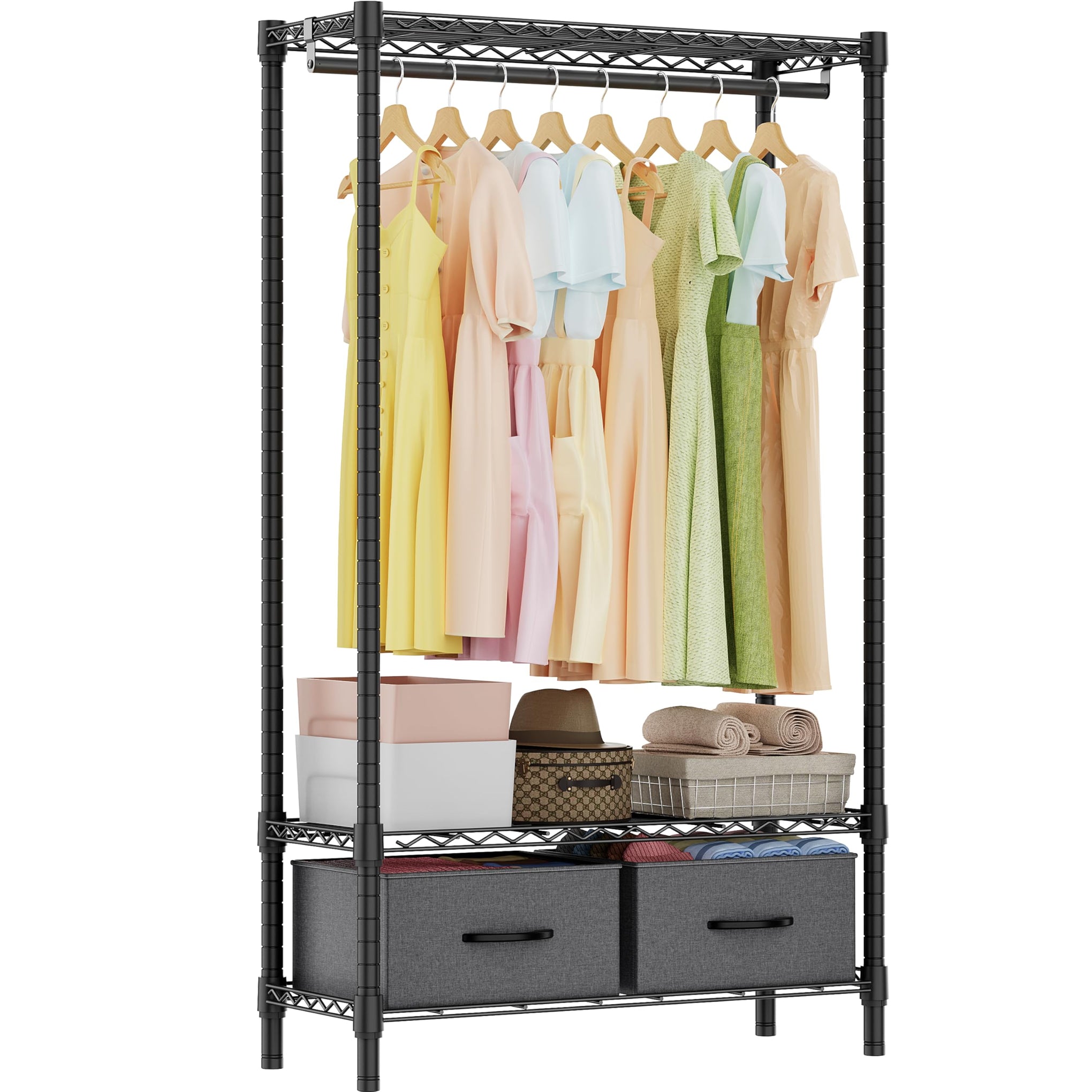 Heavy Duty Rolling Garment Rack 3 Tiers Adjustable Wire Shelving with Rod