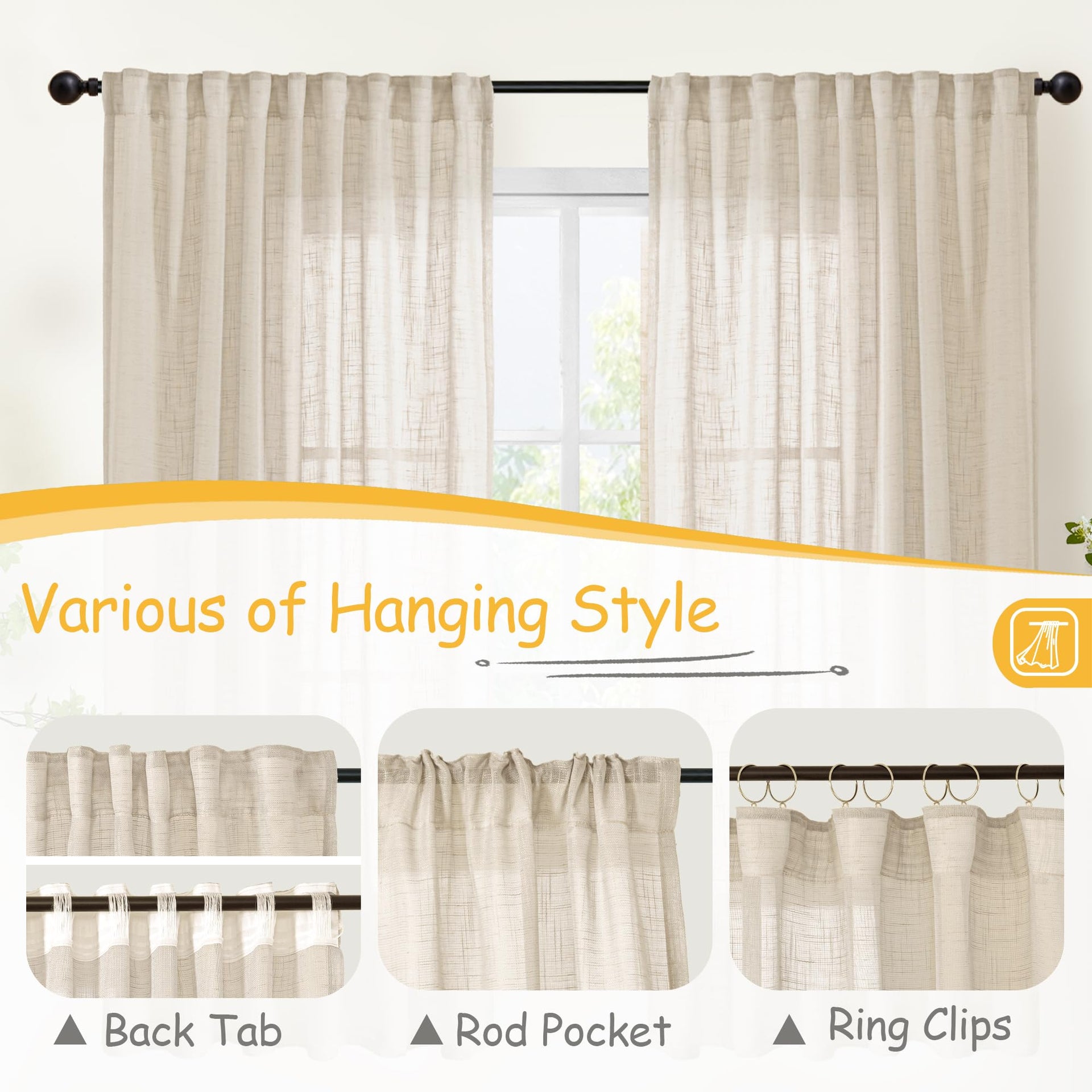 Oatmeal Linen Semi Sheer Curtains 34X48 Inch Long 2 Panels Set (2 Count)