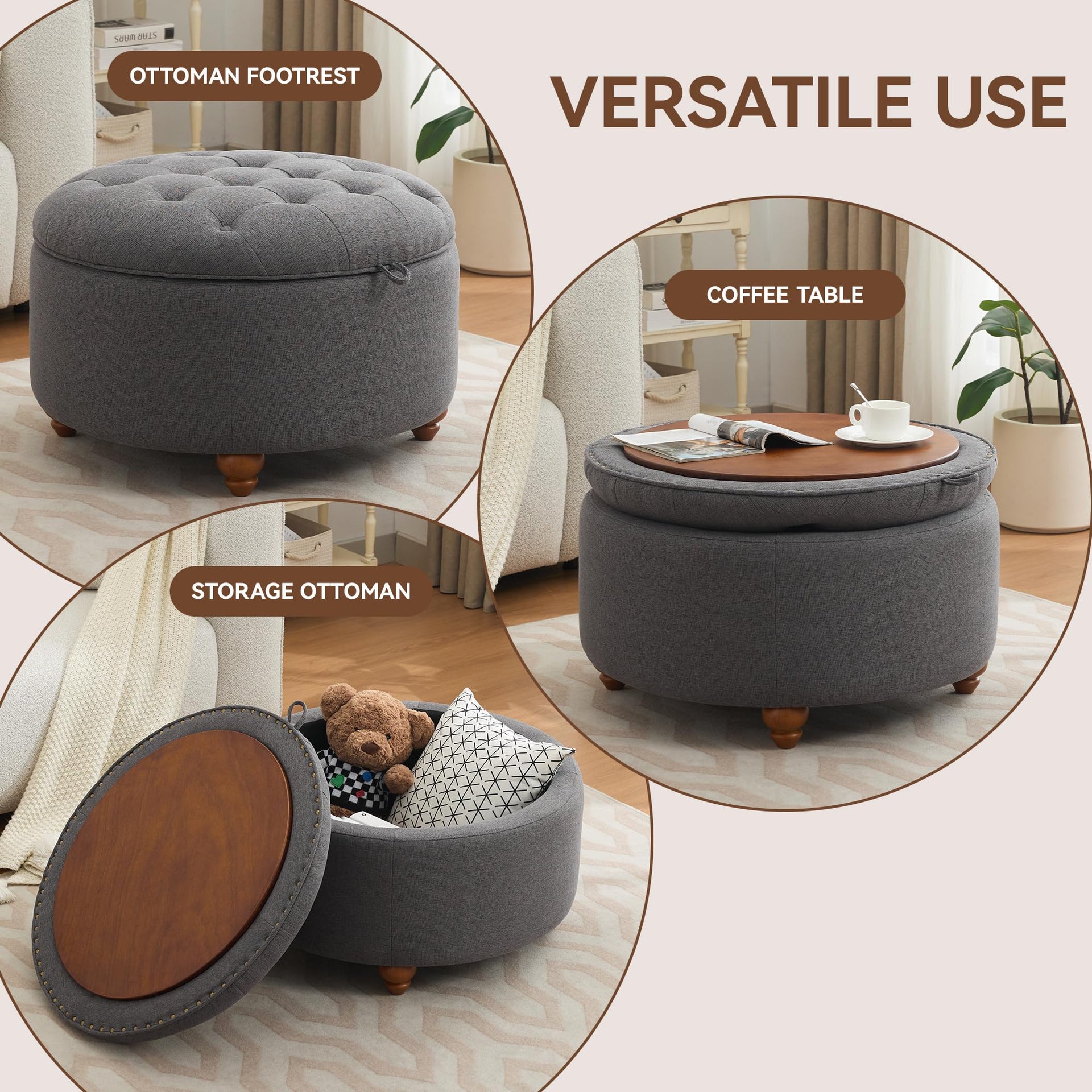30Inch Round Storage Ottoman with Tray