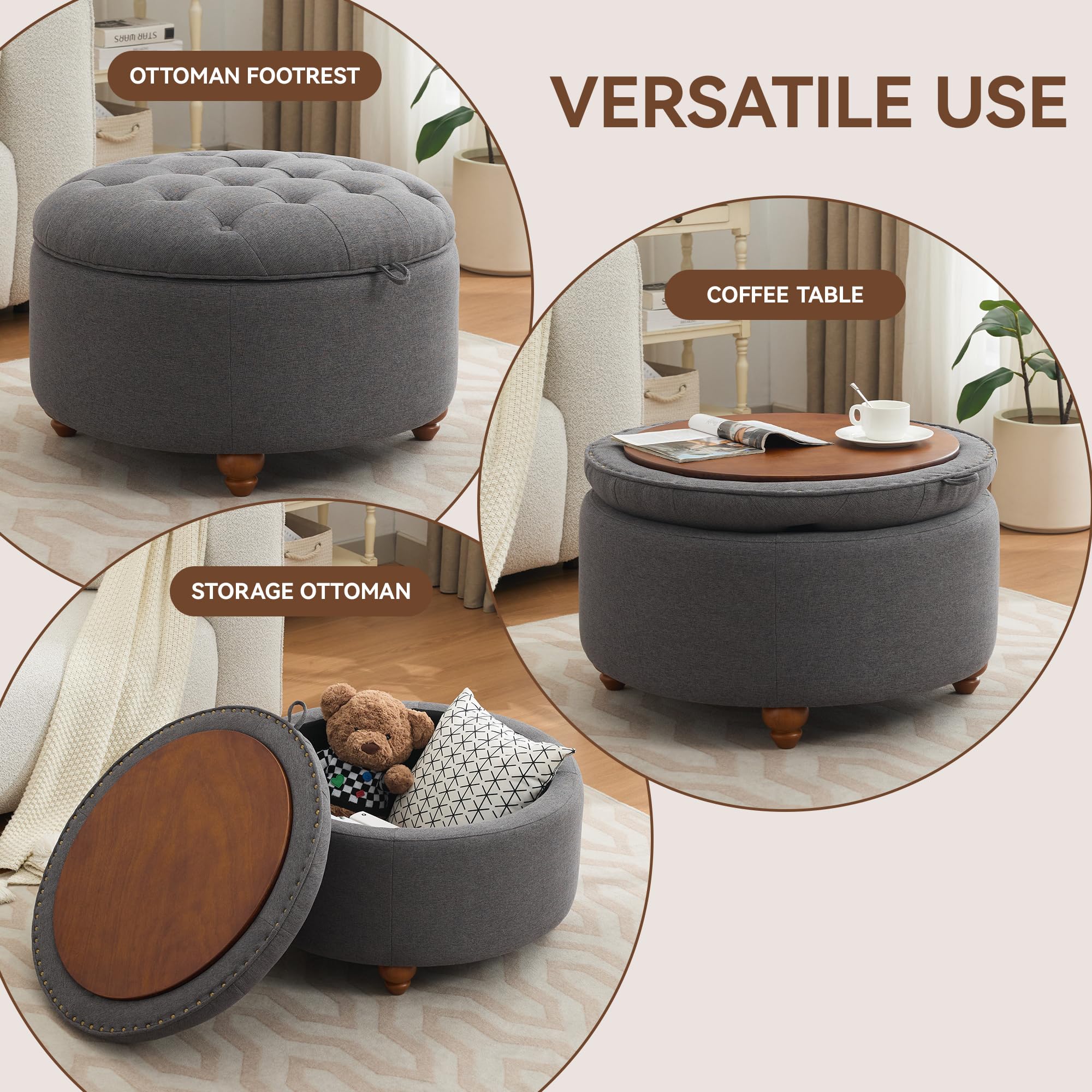 30Inch Round Storage Ottoman with Tray