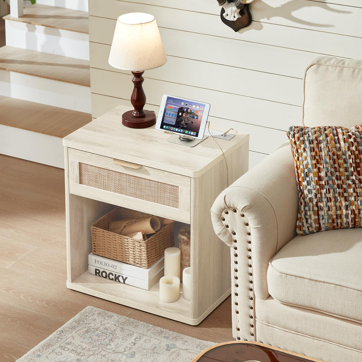 Rattan Nightstand with Charging Station