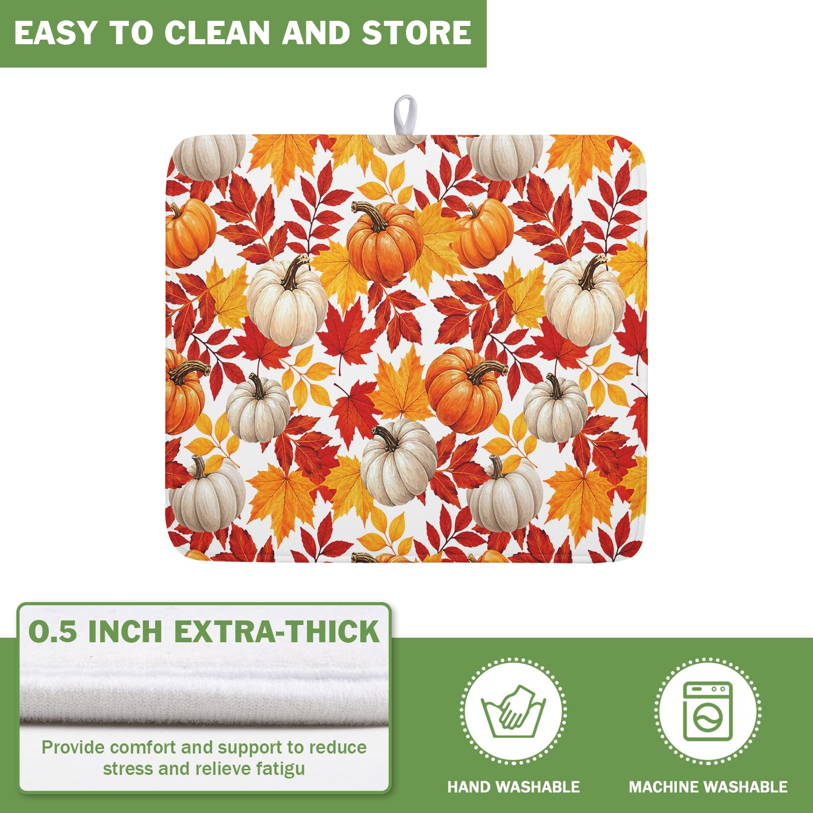 Fall Pumpkin Dish Drying Mat for Kitchen Counter 16x18 Inch Autumn Pumpkins Maple Leaves Drying Mats Thanksgiving Absorbent Reversible Dish Pad Fast Dry Drainer Mat Protector for Countertop Coffee Bar