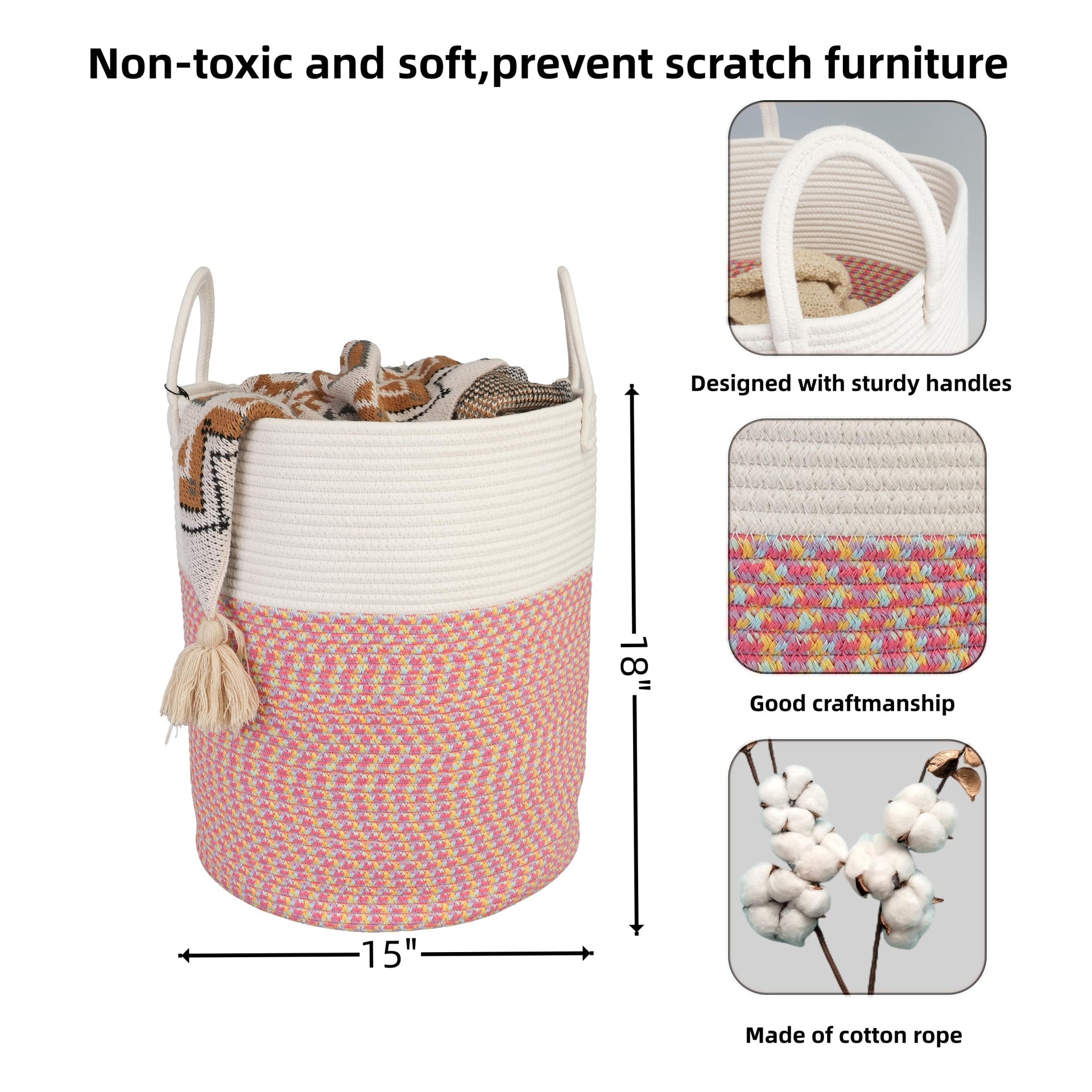 Cotton Rope Laundry Basket Hamper for Clothes Large