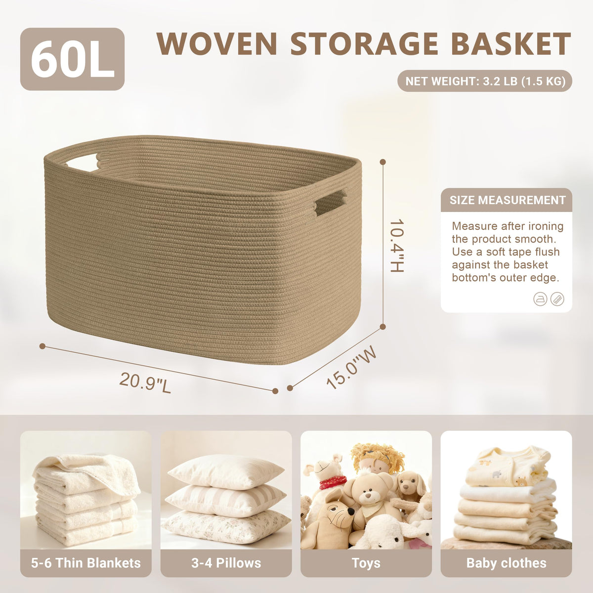 60L Woven Laundry Basket Hamper with Handles