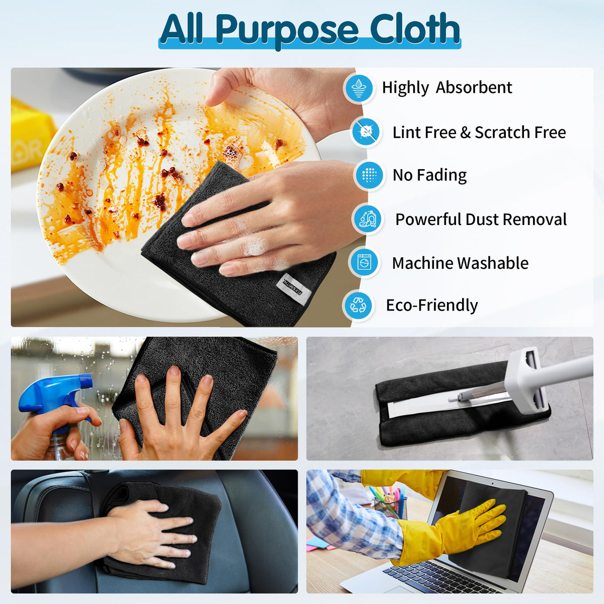 Black Microfiber Cleaning Cloth (8 Count)