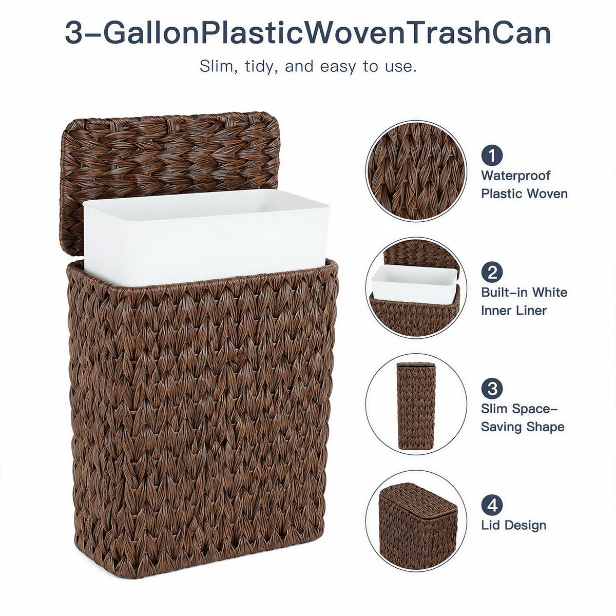 Brown Wicker Trash Can with Lid and Liner