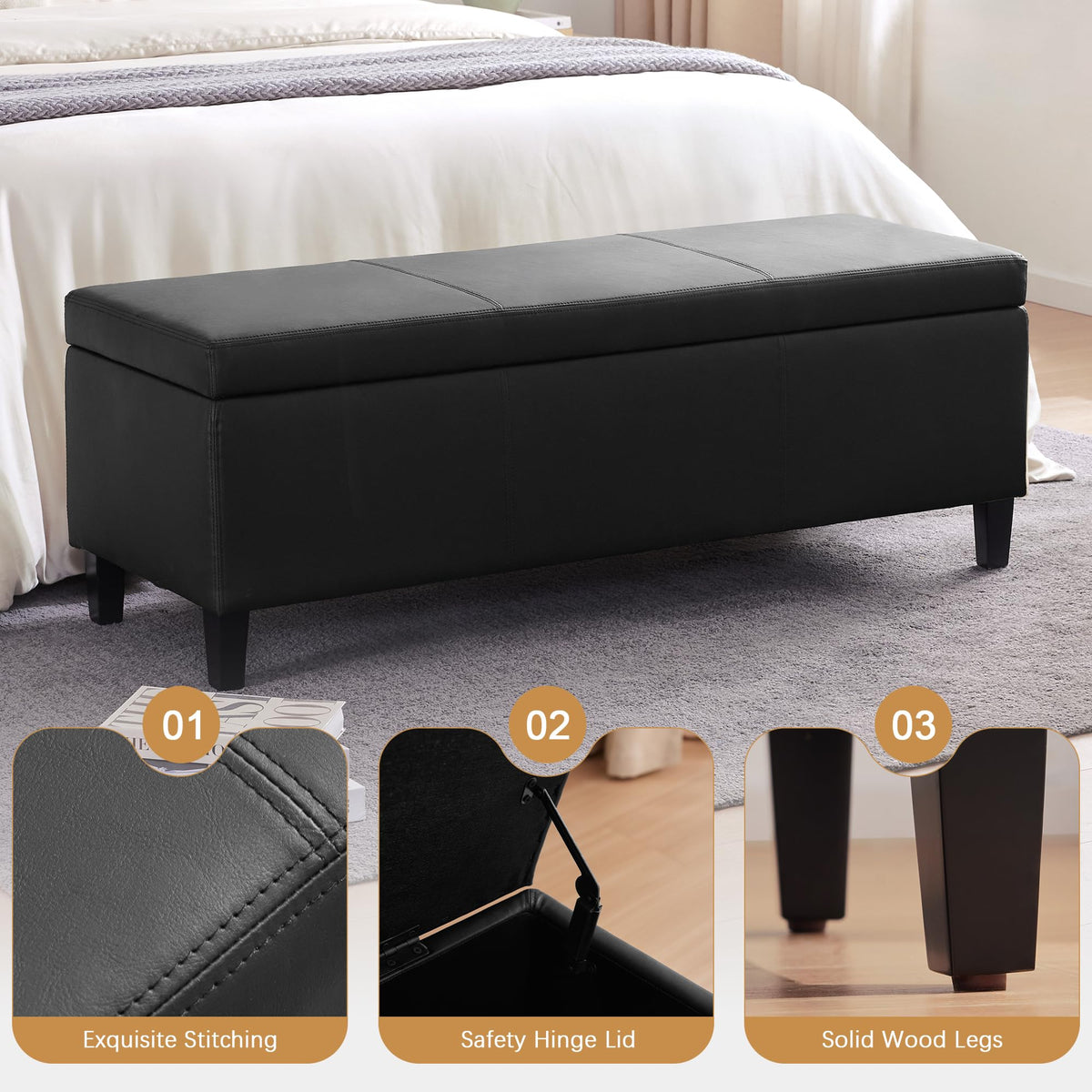 Faux Leather Storage Ottoman Bench 50.3 Inch Extra Long PU Upholstered Bedroom Bench with Large Storage Space for the Living Room