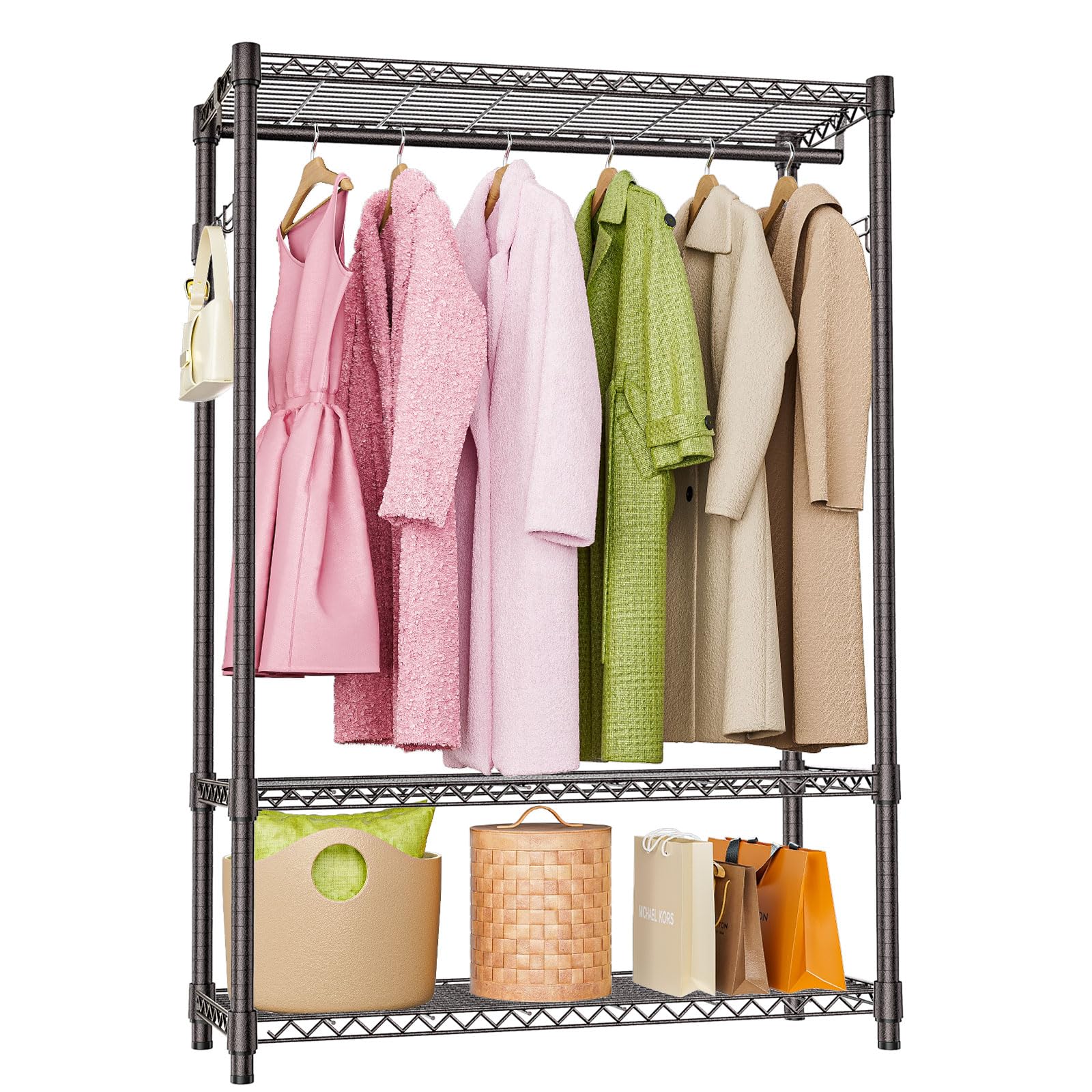 Heavy Duty Rolling Garment Rack 3 Tiers Adjustable Wire Shelving Clothes Rack with 1 Rods and Side Hooks