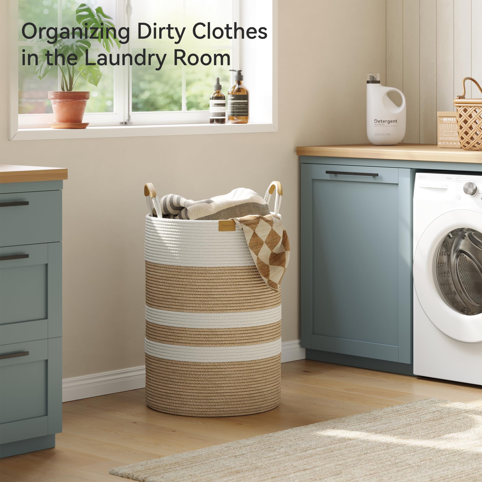 95L Striped Laundry Hamper with Leather Handles