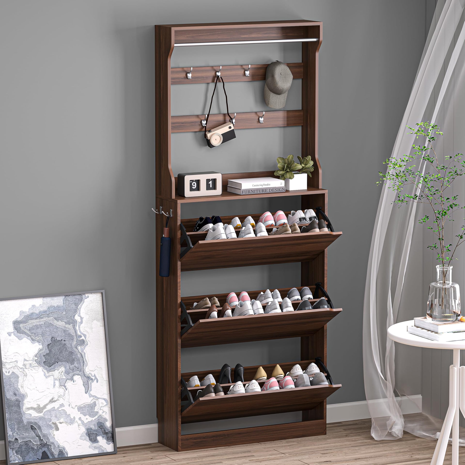 Shoe Cabinet with 3 Flip Drawers & Coat Rack
