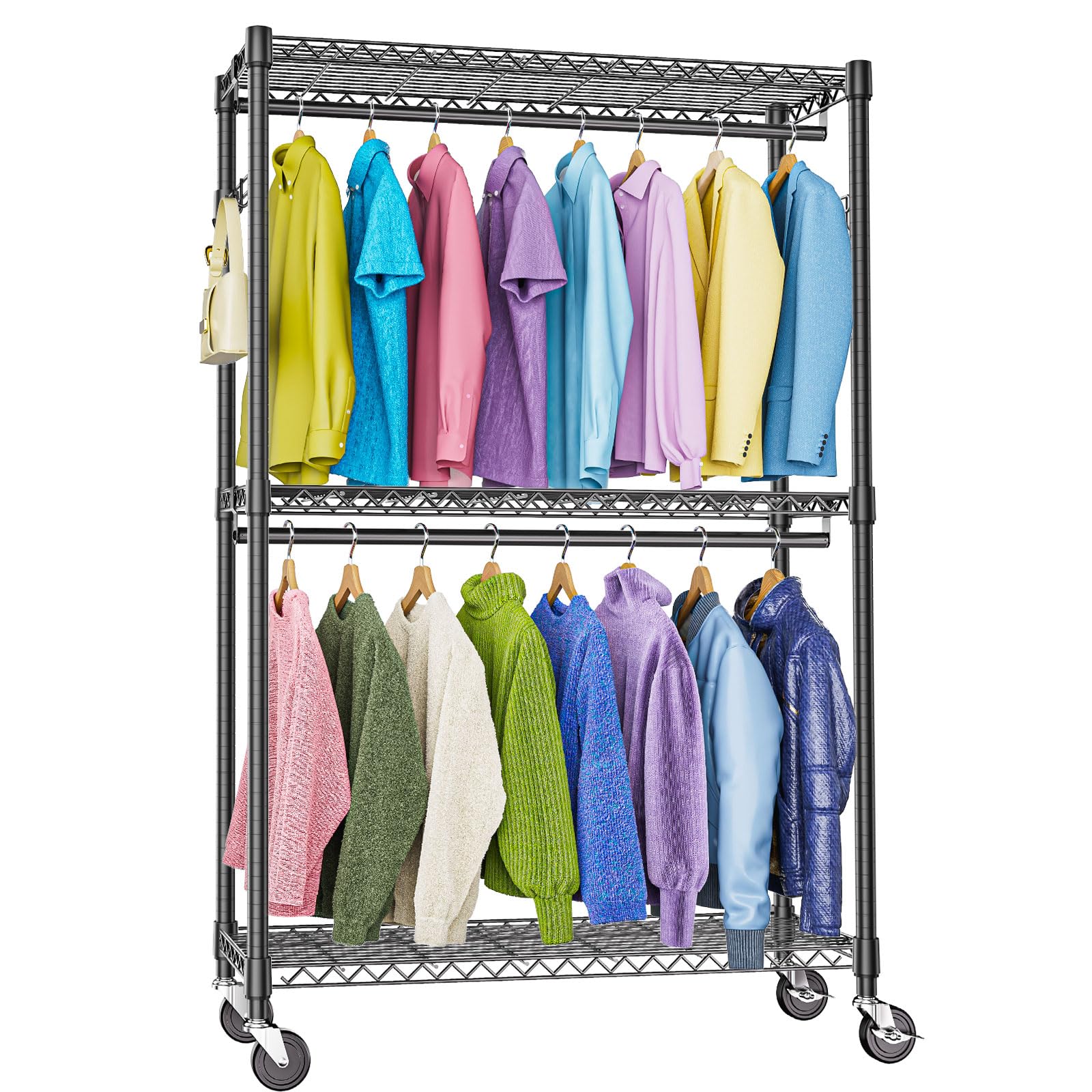 Heavy Duty Rolling Garment Rack 3 Tiers Adjustable Wire Shelving Clothes Rack with 2 Rods and Side Hooks