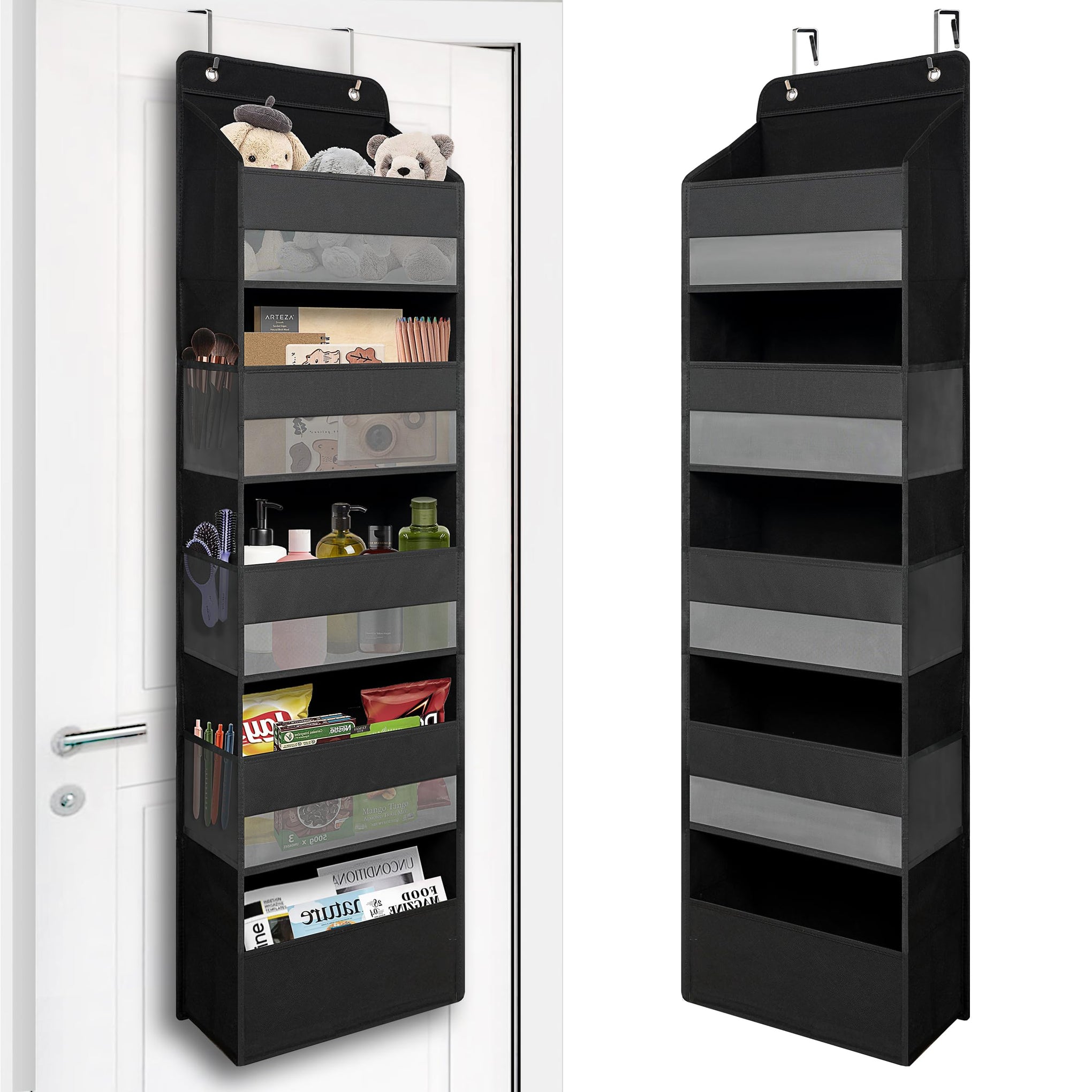 Black Over Door Organizer with 5 Large Clear Pockets and 6 Side Mesh Pockets