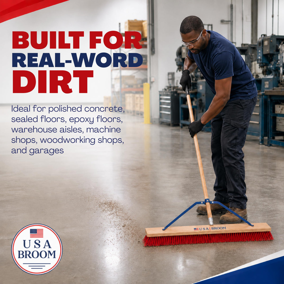 4-Pack - 36" Soft/Fine Sweep Indoor Push Broom with 60" Handle. Ideal for Epoxy & Polished Floors. Durable American Made Steel Brackets-All Stainless Steel Hardware. No Plastic. 100% USA Made