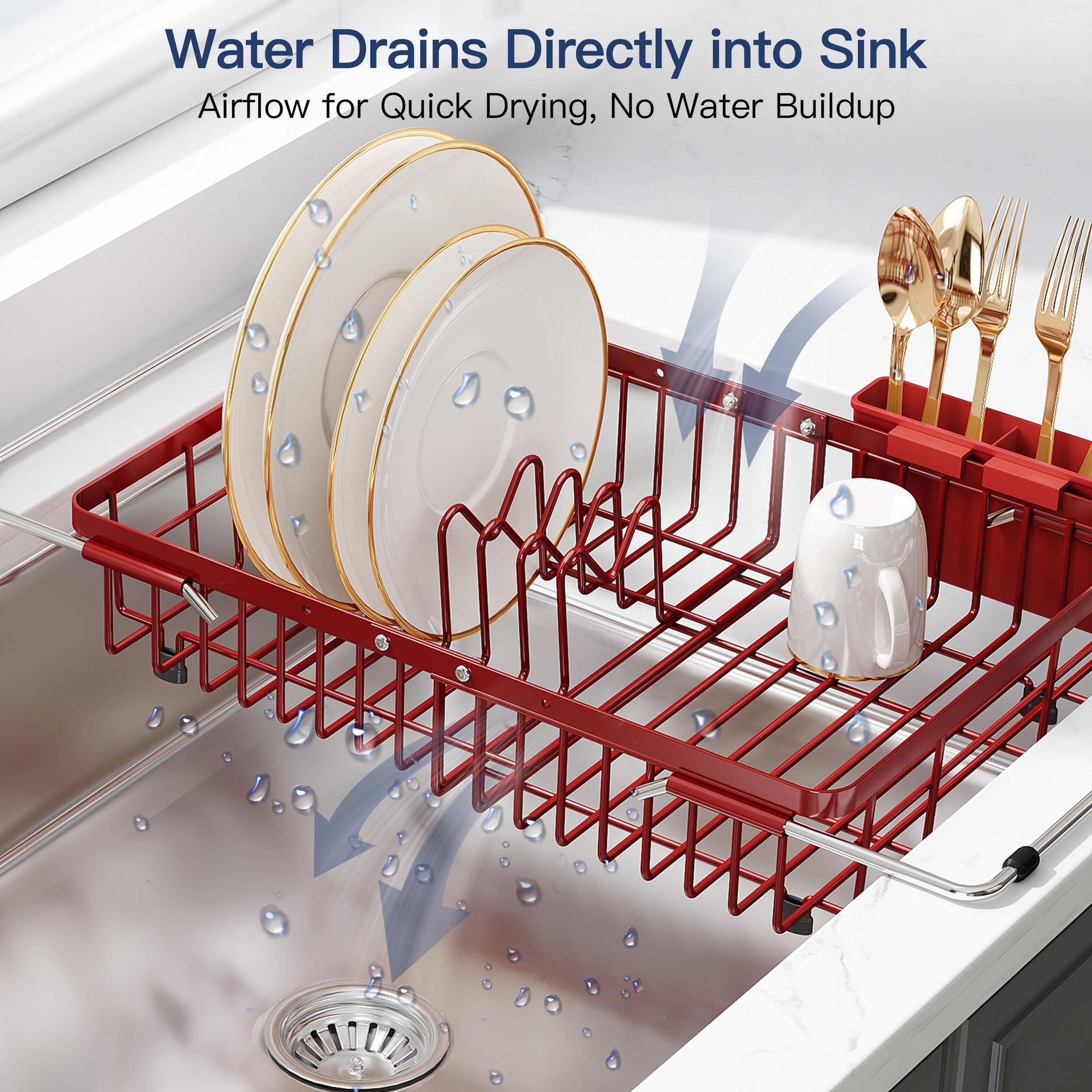 Red Dish Drying Rack Over the Sink with Utensil Holder