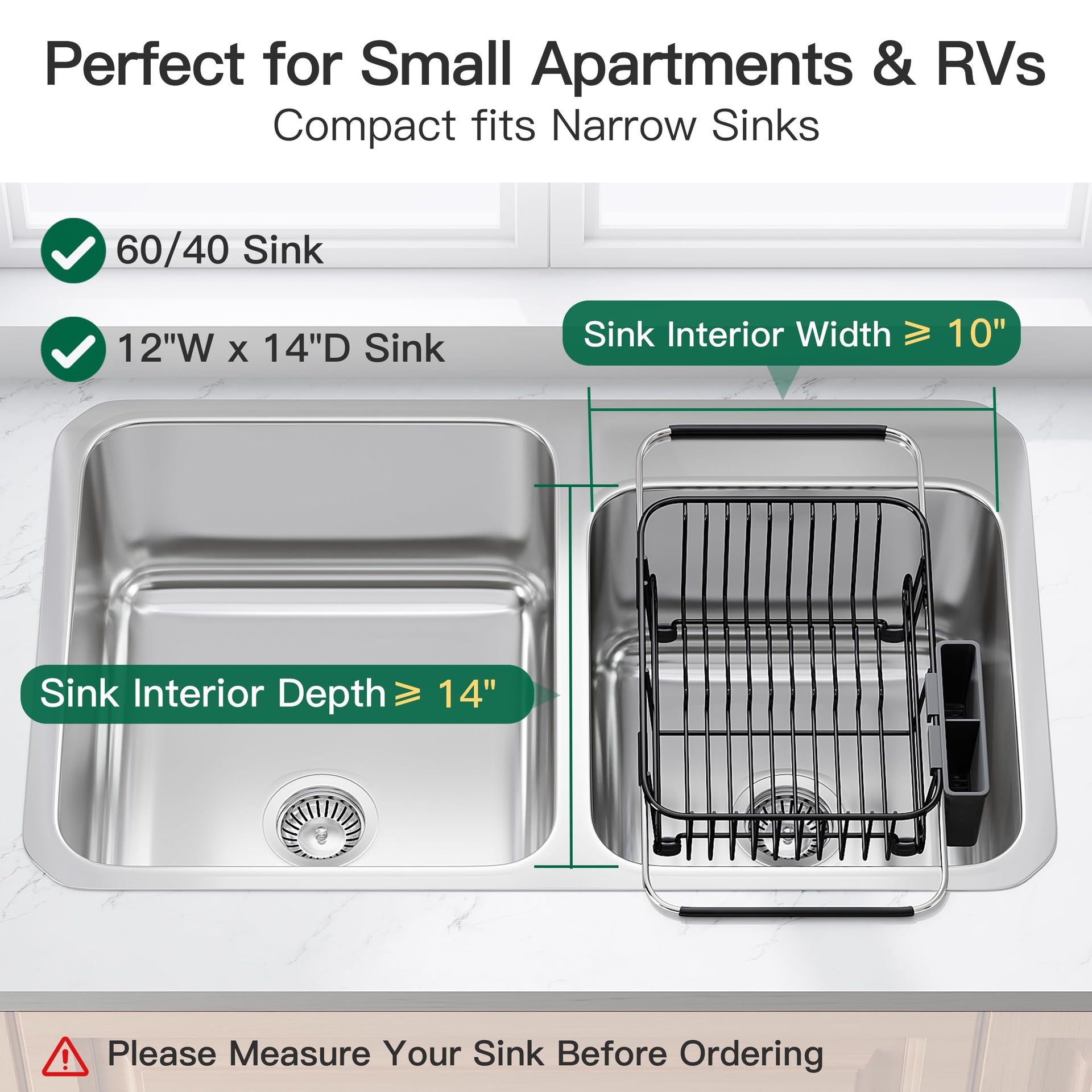 Black Dish Drying Rack in Sink with Utensil Holder