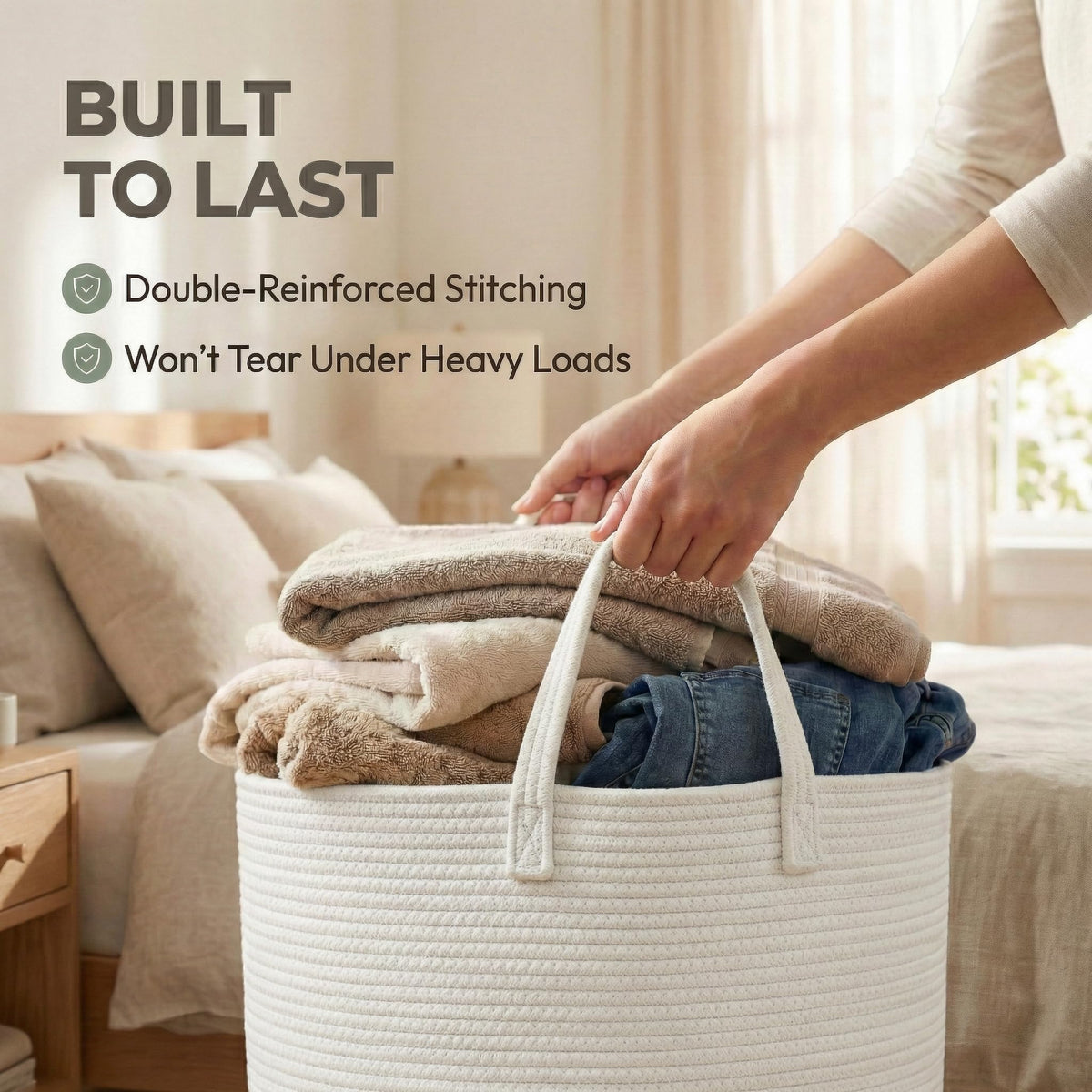 65L Extra Large Machine Washable Cotton Rope Blanket Basket