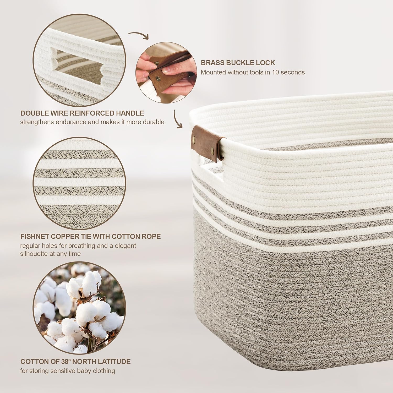 100L Woven Laundry Basket Hamper with Leather Handles