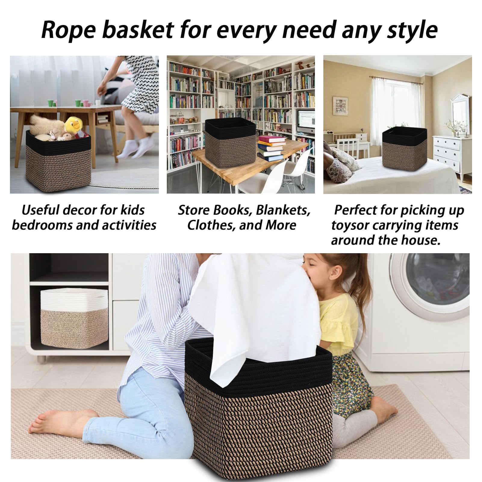 3PACK Cotton Rope Square Basket with Handles for Shelves