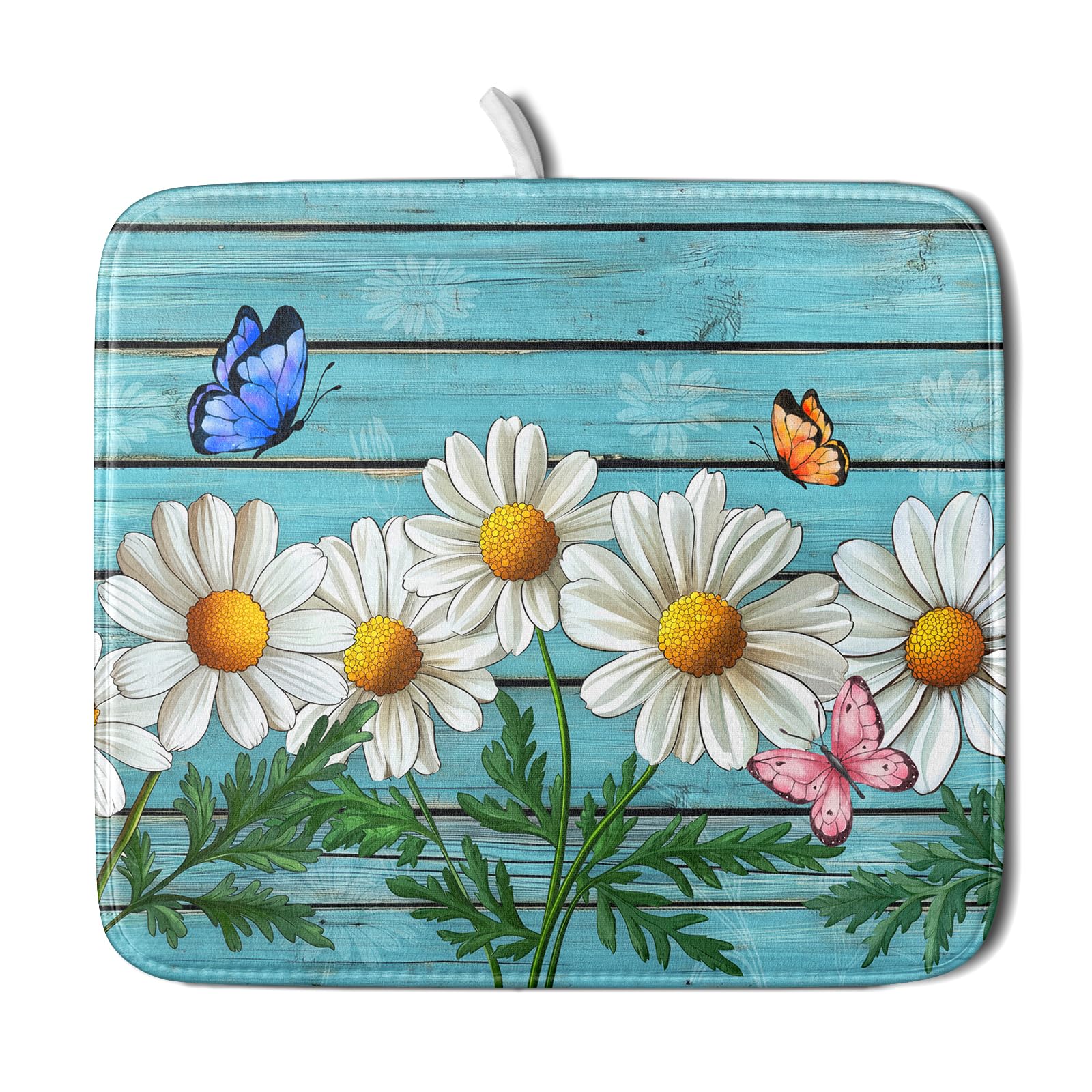 Daisy Dish Drying Mat for Kitchen Counter 16x18in Turquoise Daisy Old Wooden Board Kitchen Mat Absorbent Reversible Microfiber Dishes Pad Fast Drying Dish Drainer Mats for Countertop