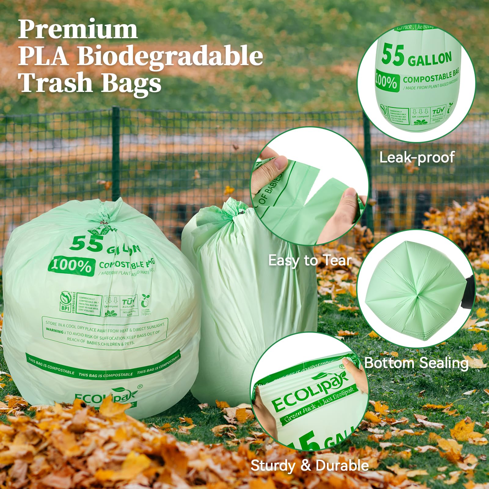 55 Gallon 12 Count Large Compostable Trash Garbage Bags for Lawn