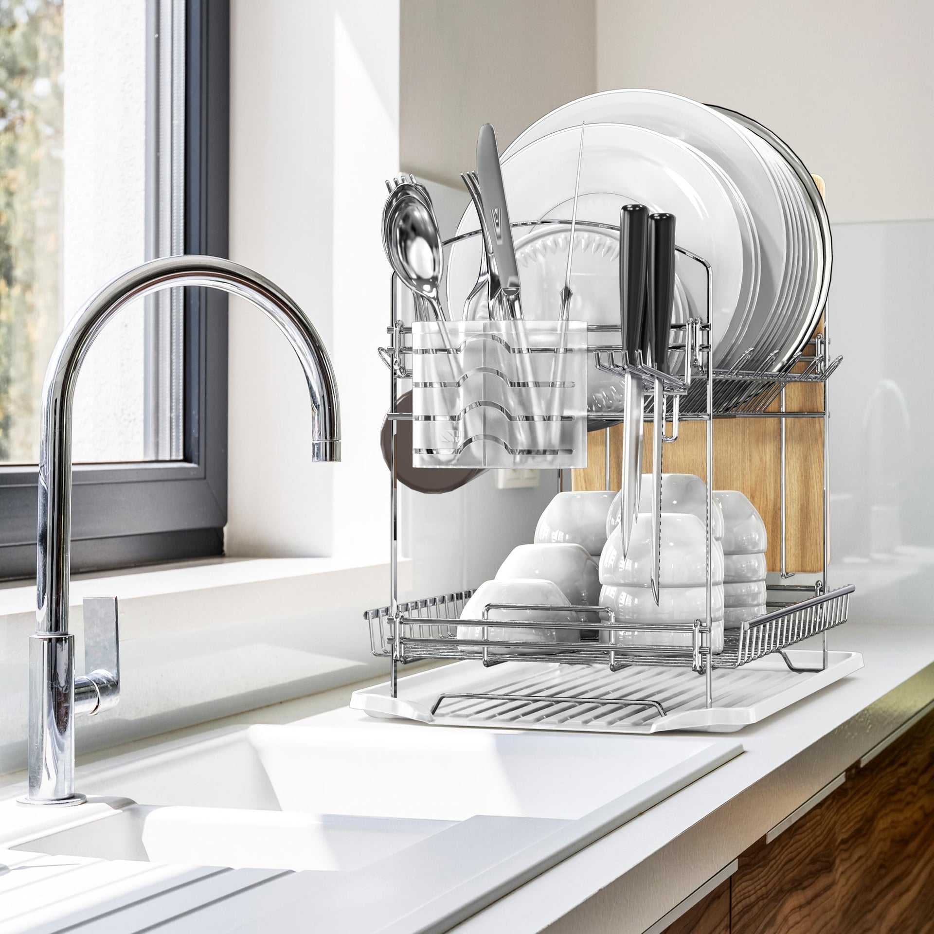 2 Tier Stainless Steel Dish Rack with Drainboard