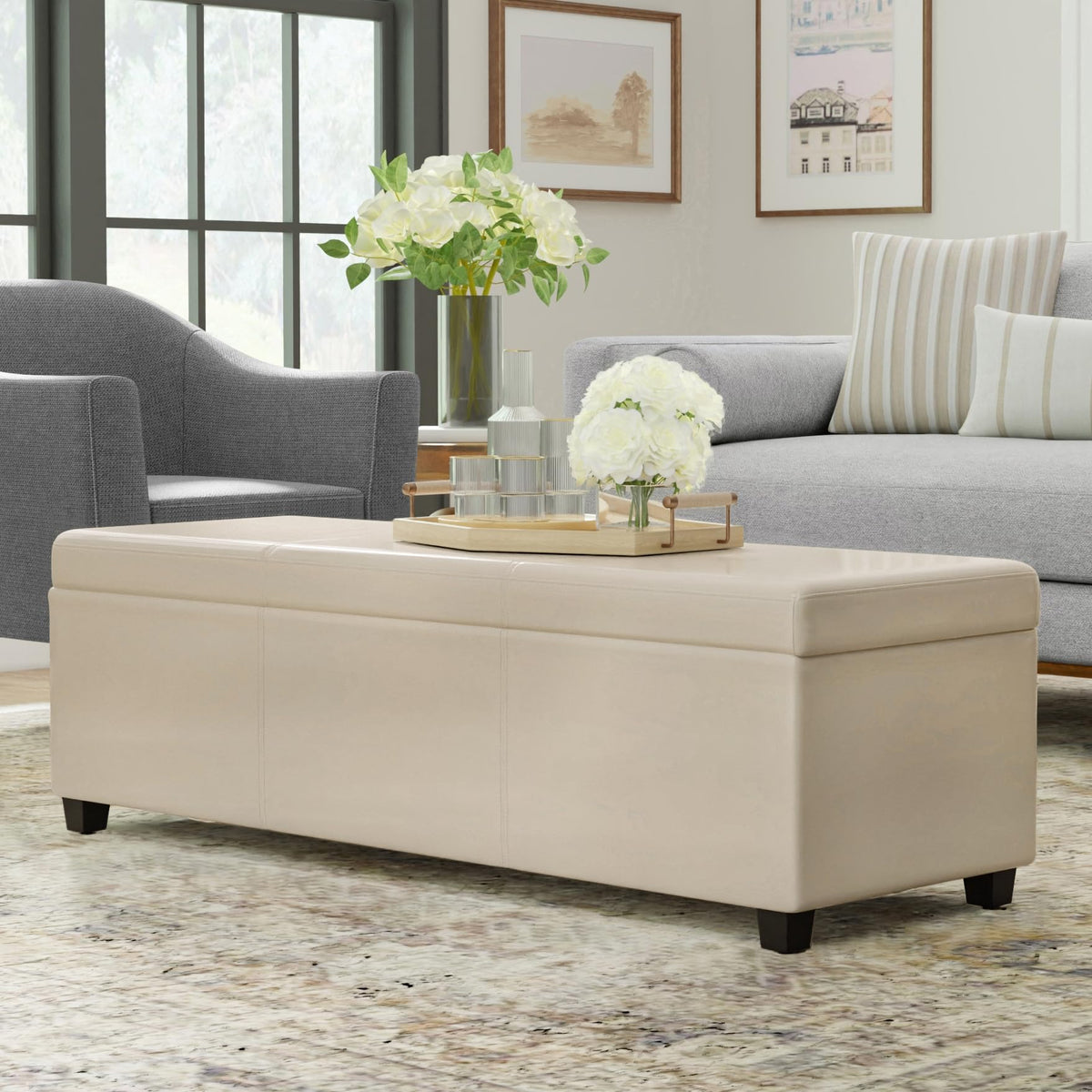 Avalon 54" Wide Vegan Leather Storage Ottoman in Tanners Brown