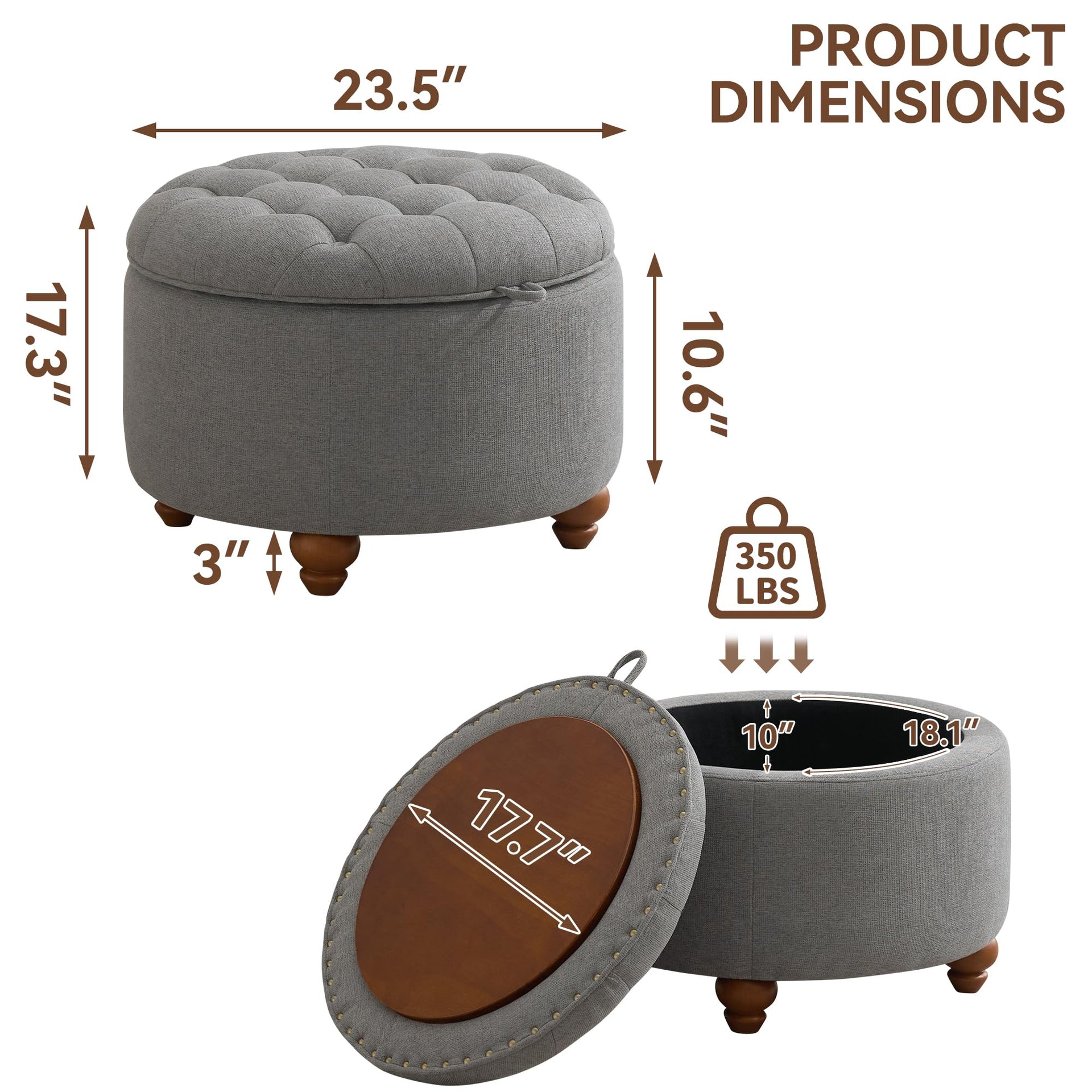 24Inch Round Storage Ottoman with Tray