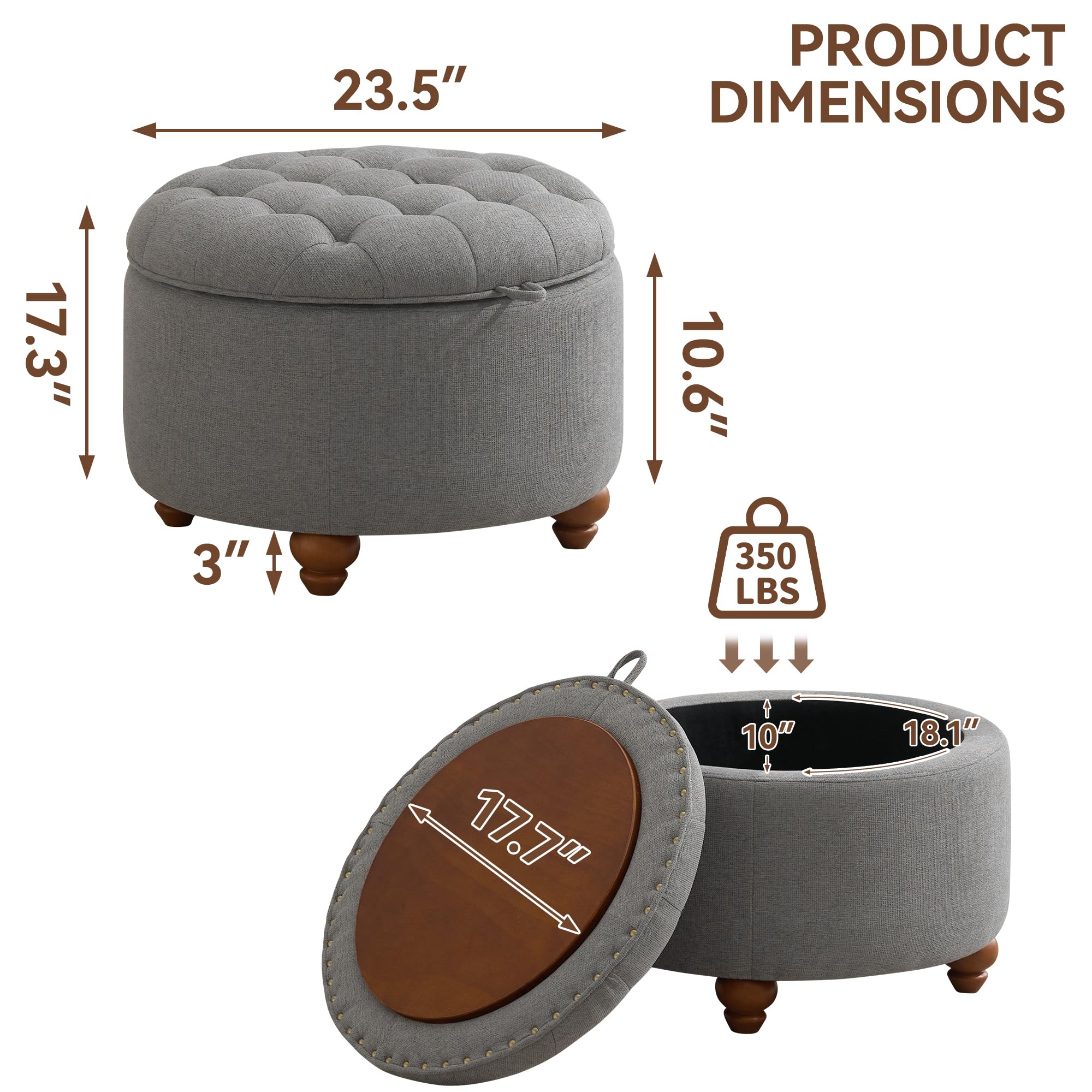 24Inch Round Storage Ottoman with Tray