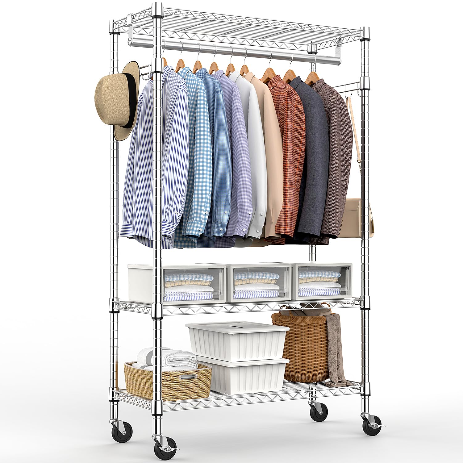 Heavy Duty Rolling Garment Rack 3 Tiers Adjustable Wire Shelving Clothes Rack with Rods and Side Hooks