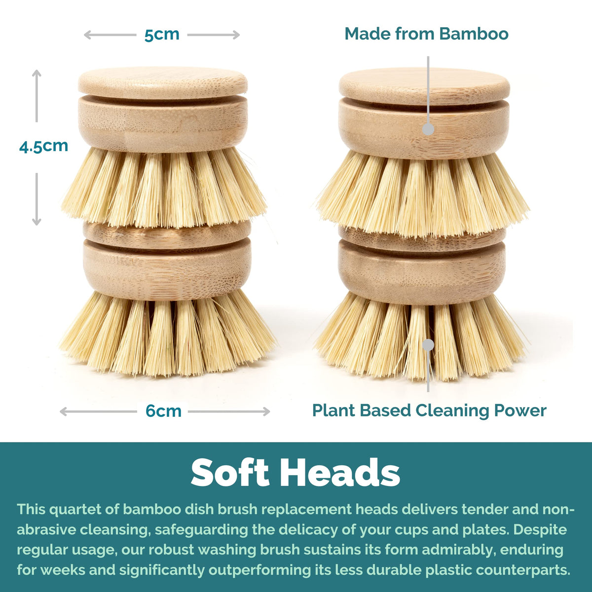 Soft Replacement Dish Brush Heads • 4 Pack Sisal Refills (4 Count)