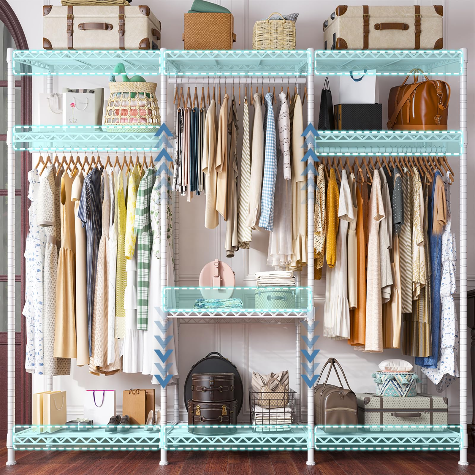 Clothes Rack Heavy Duty Load 795LBS Adjustable Clothing Racks for Hanging Clothes Garment Rack