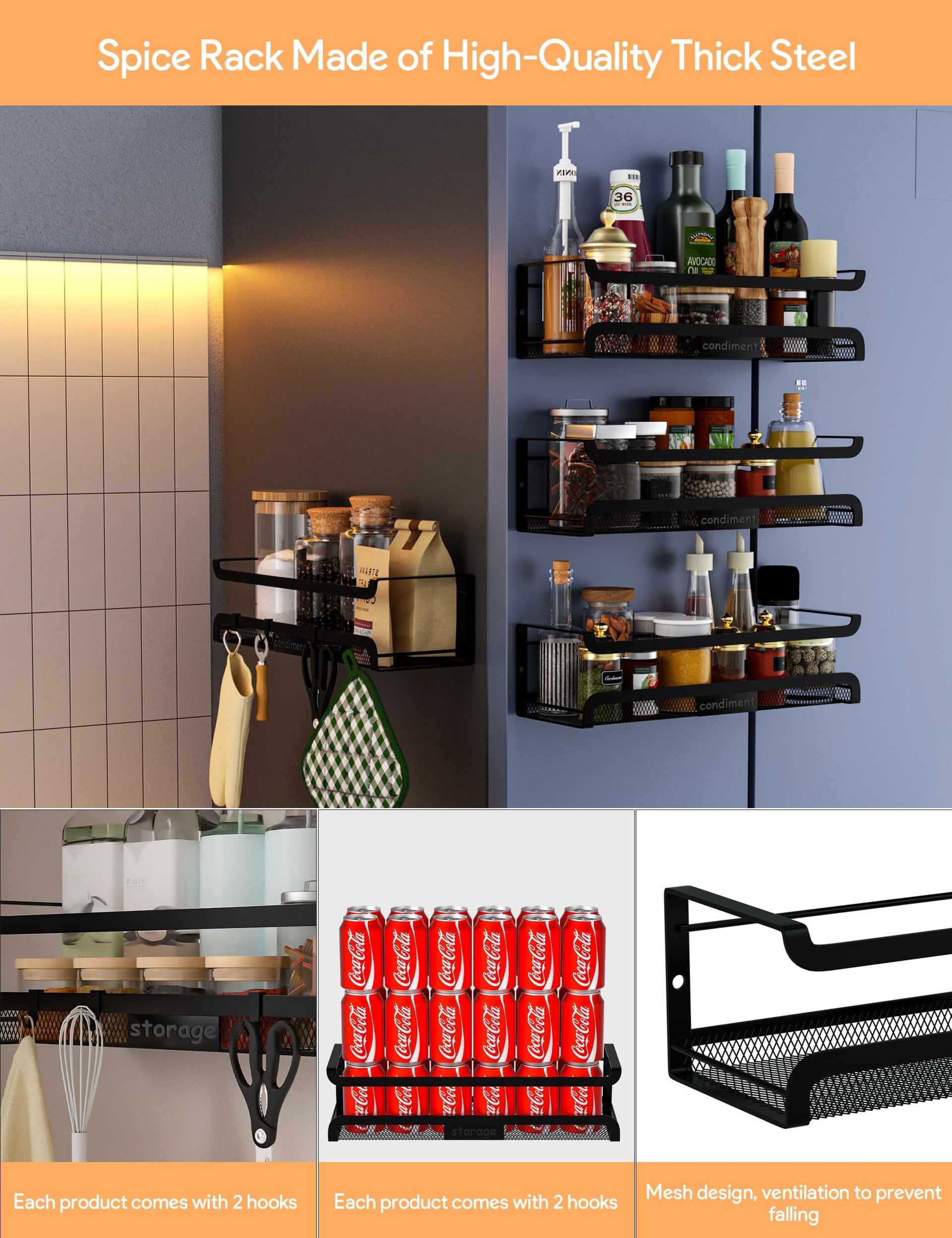Spice Rack Wall Mount with Hooks (2 Count)