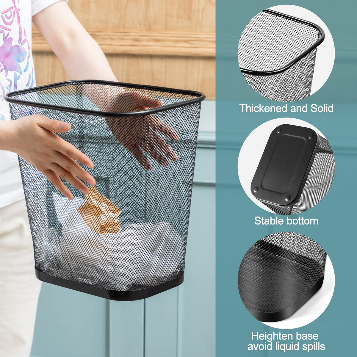 6 Pcs Mesh Square Trash Cans 4 Gallons Wire Wastebasket for Home Black Metal Office Garbage Cans Rectangular Trash Bin for Kitchen Bathroom Bedroom (6 Count)