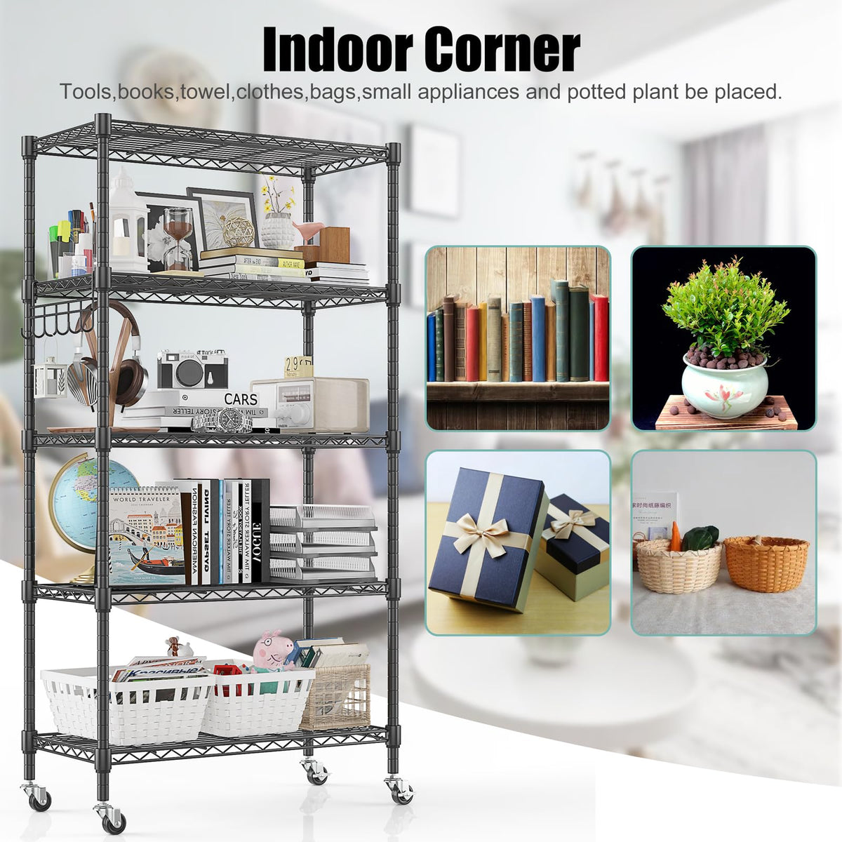 5 Tier Storage Shelf Wire Shelving Unit on Wheels Heavy Duty Metal Shelves Adjustable Steel Rack Organization for Kitchen Garage Basement (5 Count)