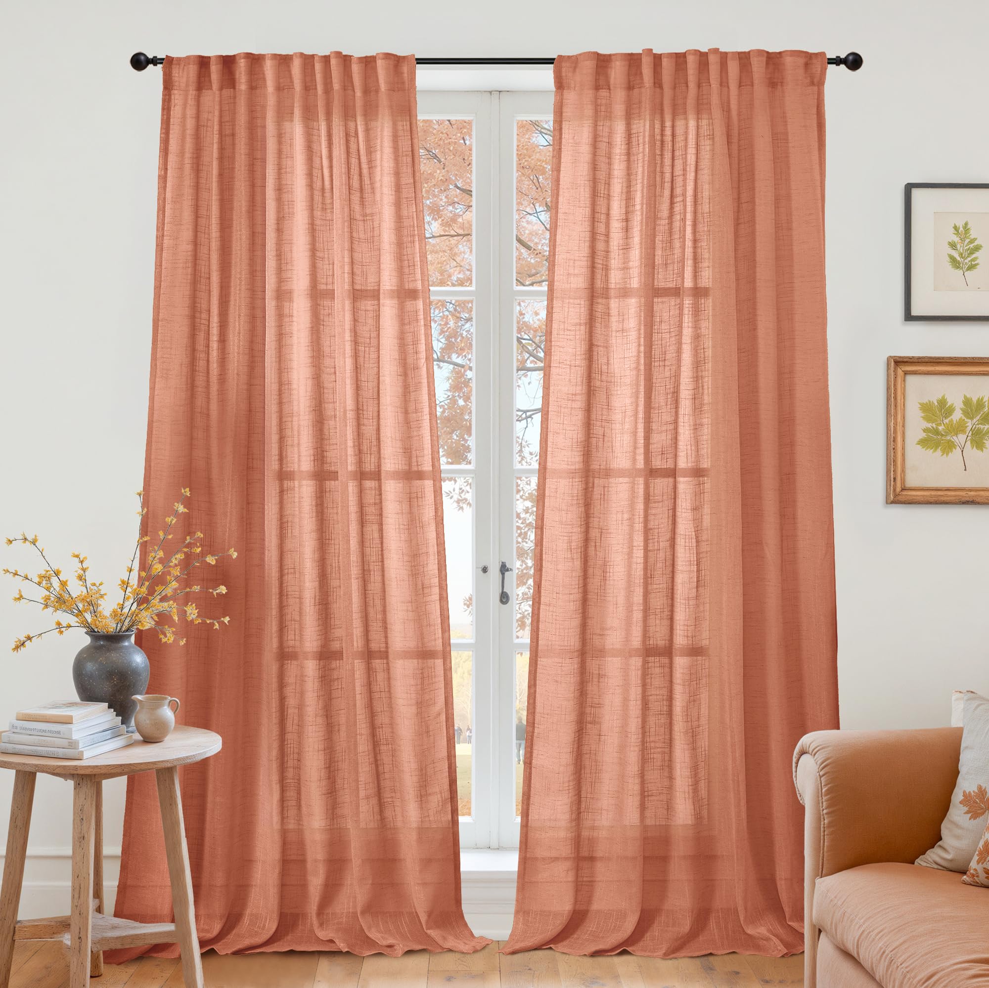 Burnt Orange Linen Semi Sheer Curtains 102 Inches Long for Living Room (2 Count)