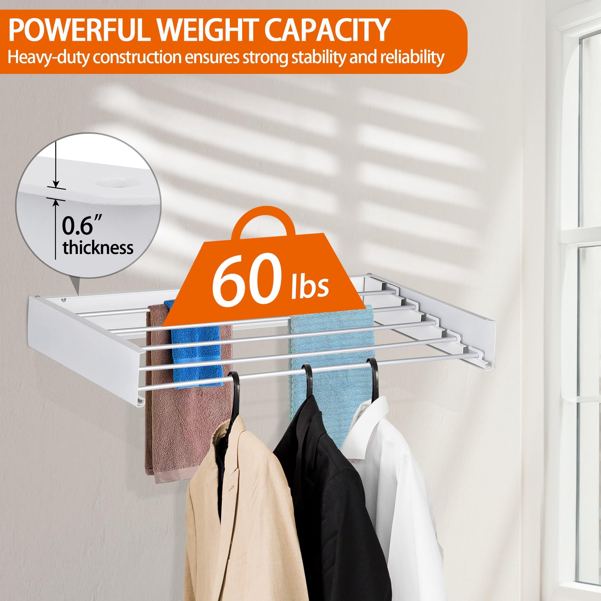 Laundry Drying Rack Wall Mounted Clothes Drying Rack Collapsible with 5 Aluminum Rods and Drilling Template Long Screwdriver Bit 60 lbs Capacity