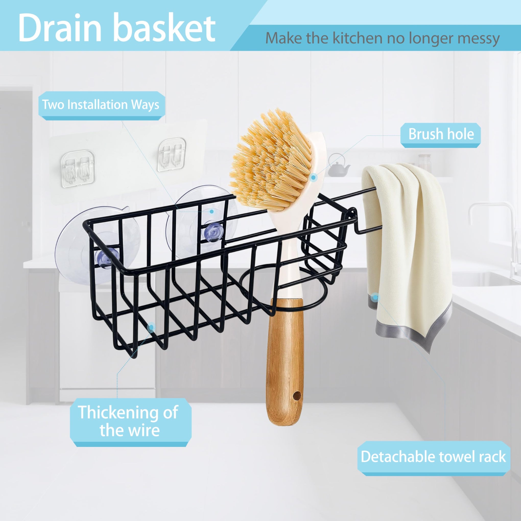 Sponge Holder with Dish Cloth Hanger for Kitchen Sink