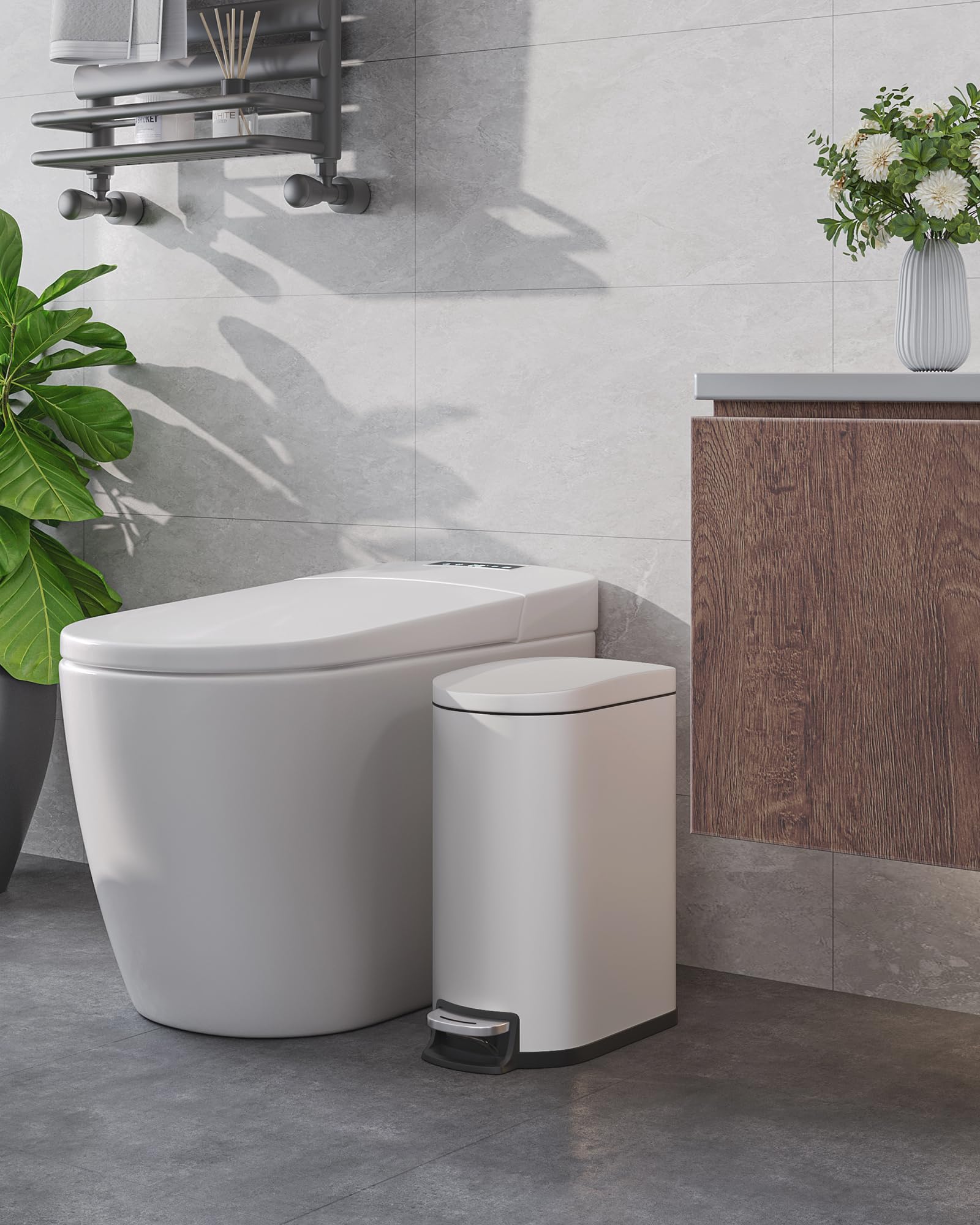 13 gal (50 L) and 2.6 gal (10 L) Metal Trash Can Combo Set, Rustproof Garbage Can with Lid, Step-on Trash Bin with Inner Bucket, Rear Handle, White
