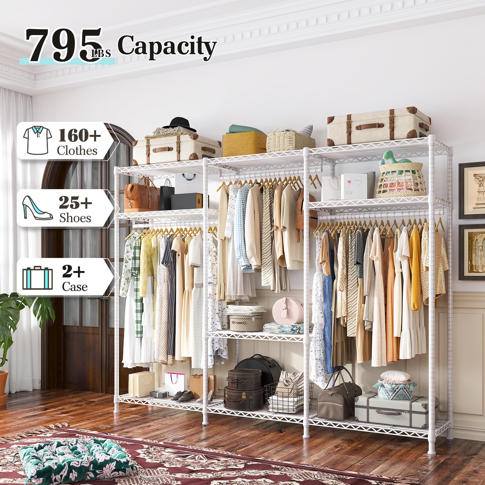 Clothes Rack Heavy Duty Load 795LBS Adjustable Clothing Racks for Hanging Clothes Garment Rack