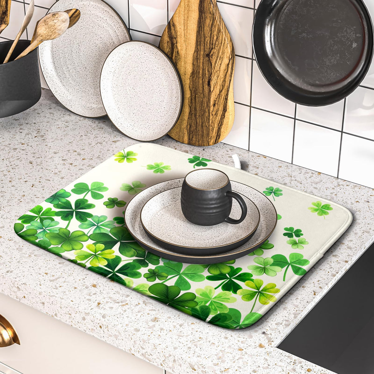 Spring Sage Green Shamrocks Drying Mat 16x18 Inch St. Patrick's Day Irish Shamrock Clover Dish Rack Pad Super Absorbent Dish Drainer Mat Dish Drying Pad Mats Protector for Kitchen Counter Coffee Bar