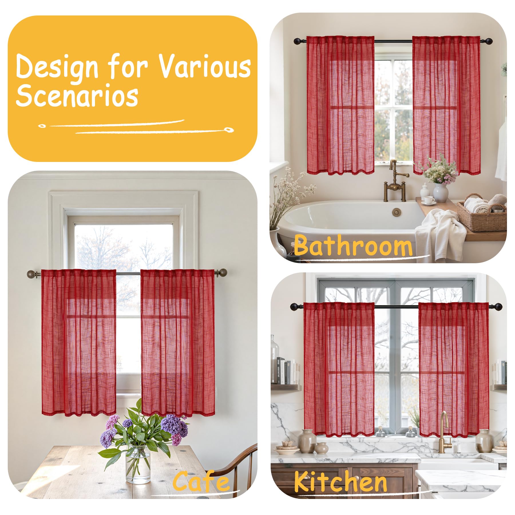 Red Linen Kitchen Window Curtains 36 Inch Length (2 Count)