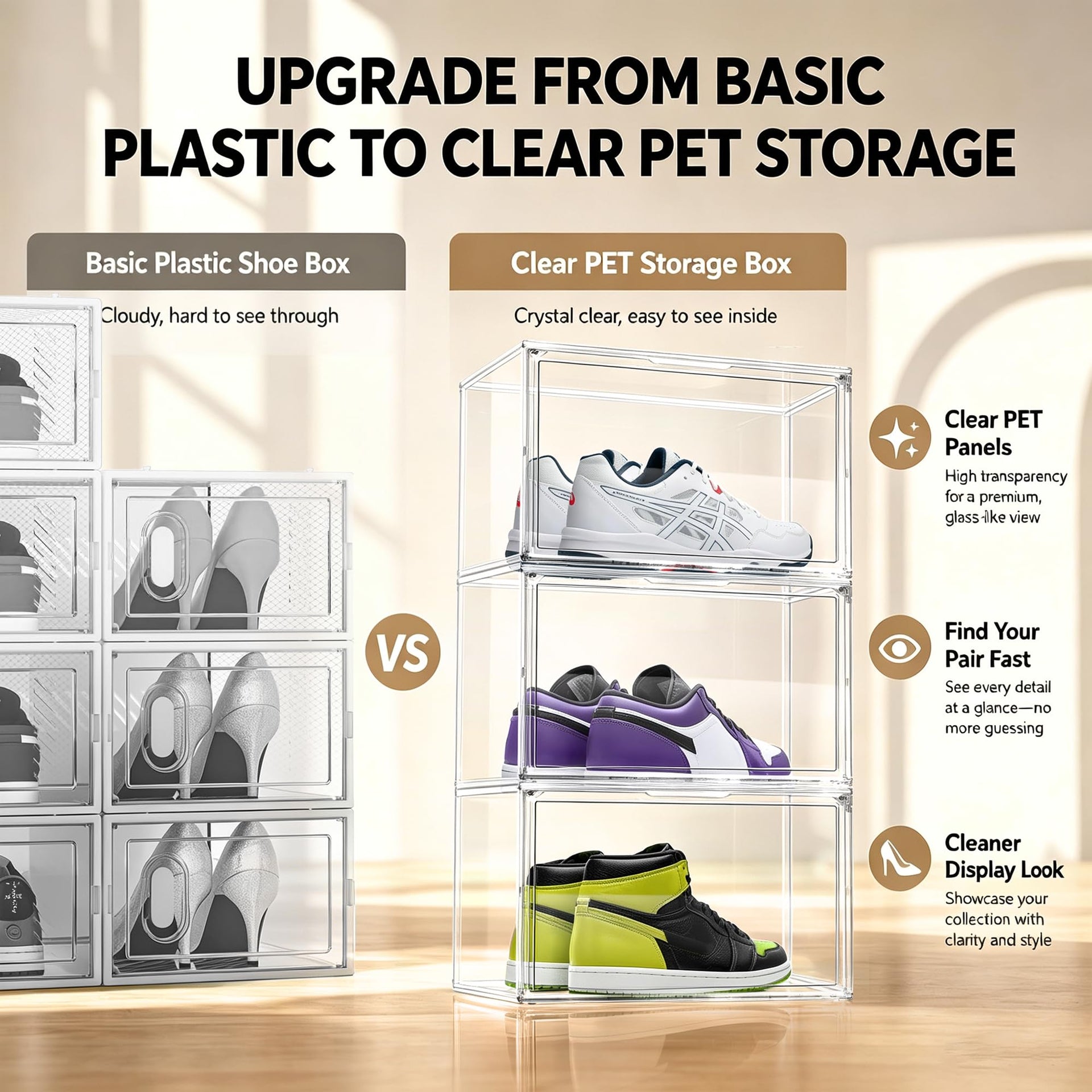 9 Pack Clear Acrylic Shoe Sneaker Boxes Fits Size 13 (9 Count)