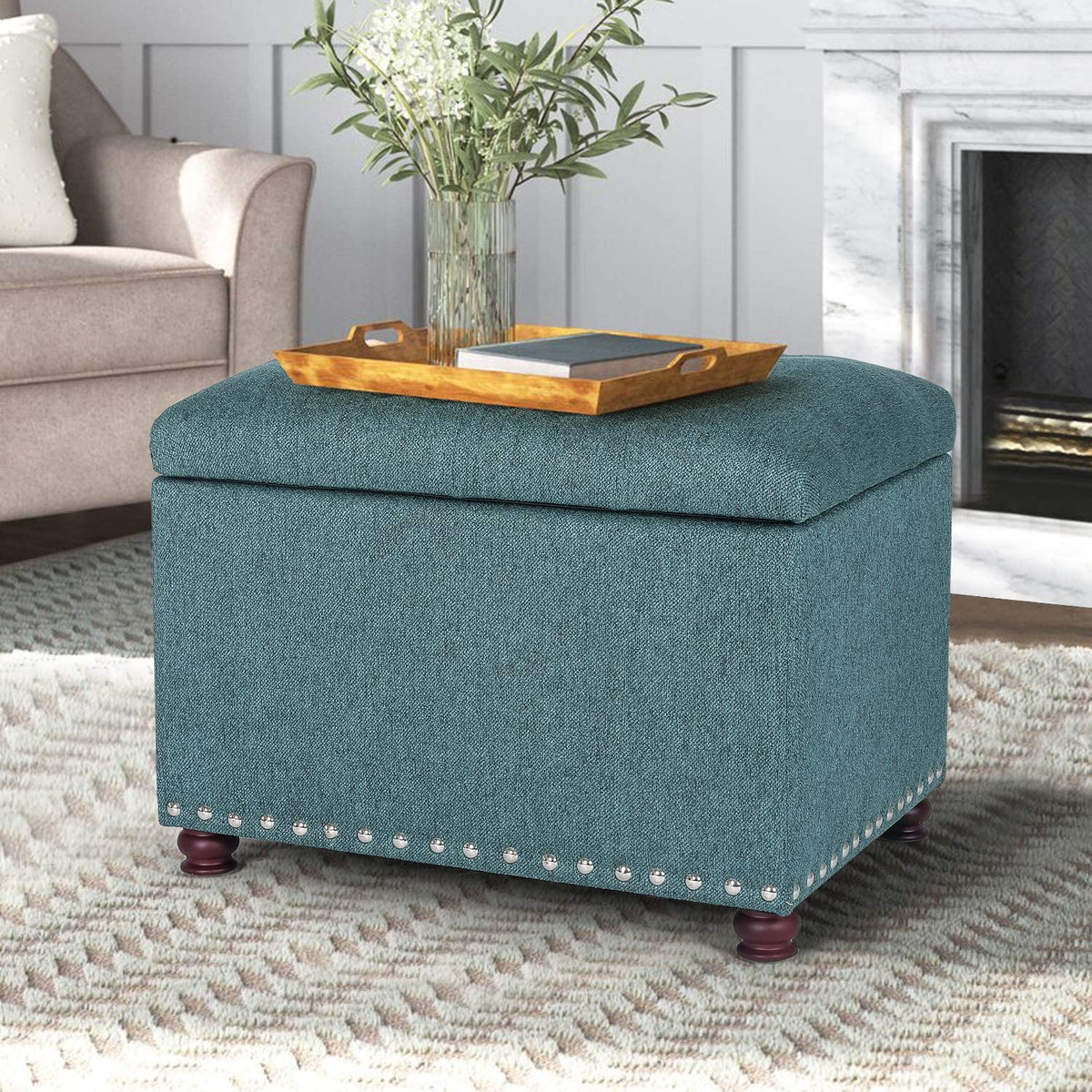 24" Ottoman with Storage for Living Room Rectangular Fabric Tufted Bench Footrest Toy Chests for Bedroom