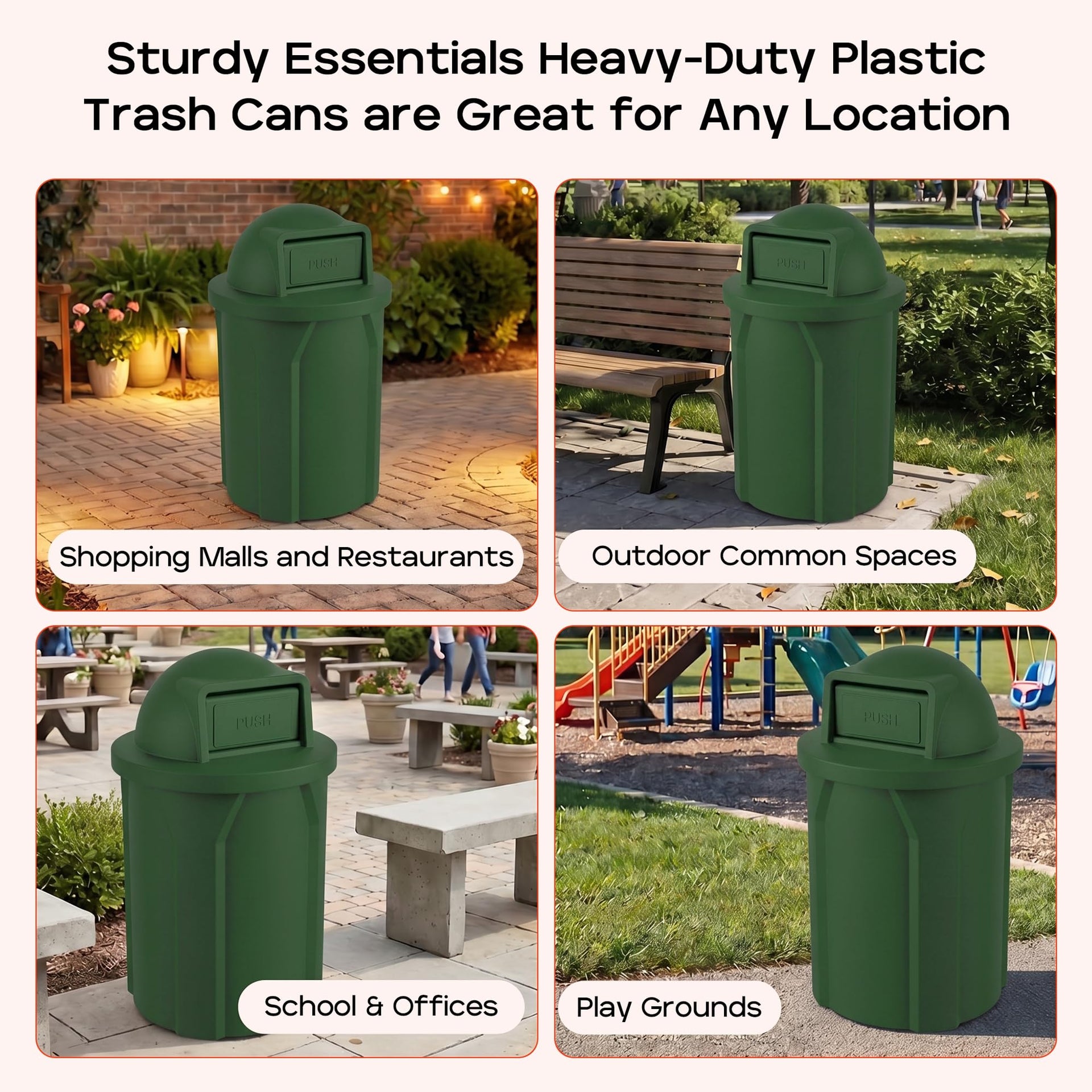 Campus Collection 42 Gallon Plastic Commercial Garbage Can with Push Lid