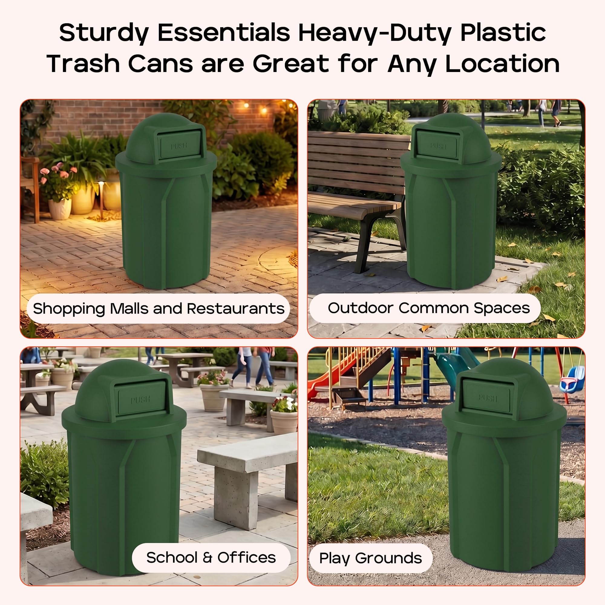 Campus Collection 42 Gallon Plastic Commercial Garbage Can with Push Lid
