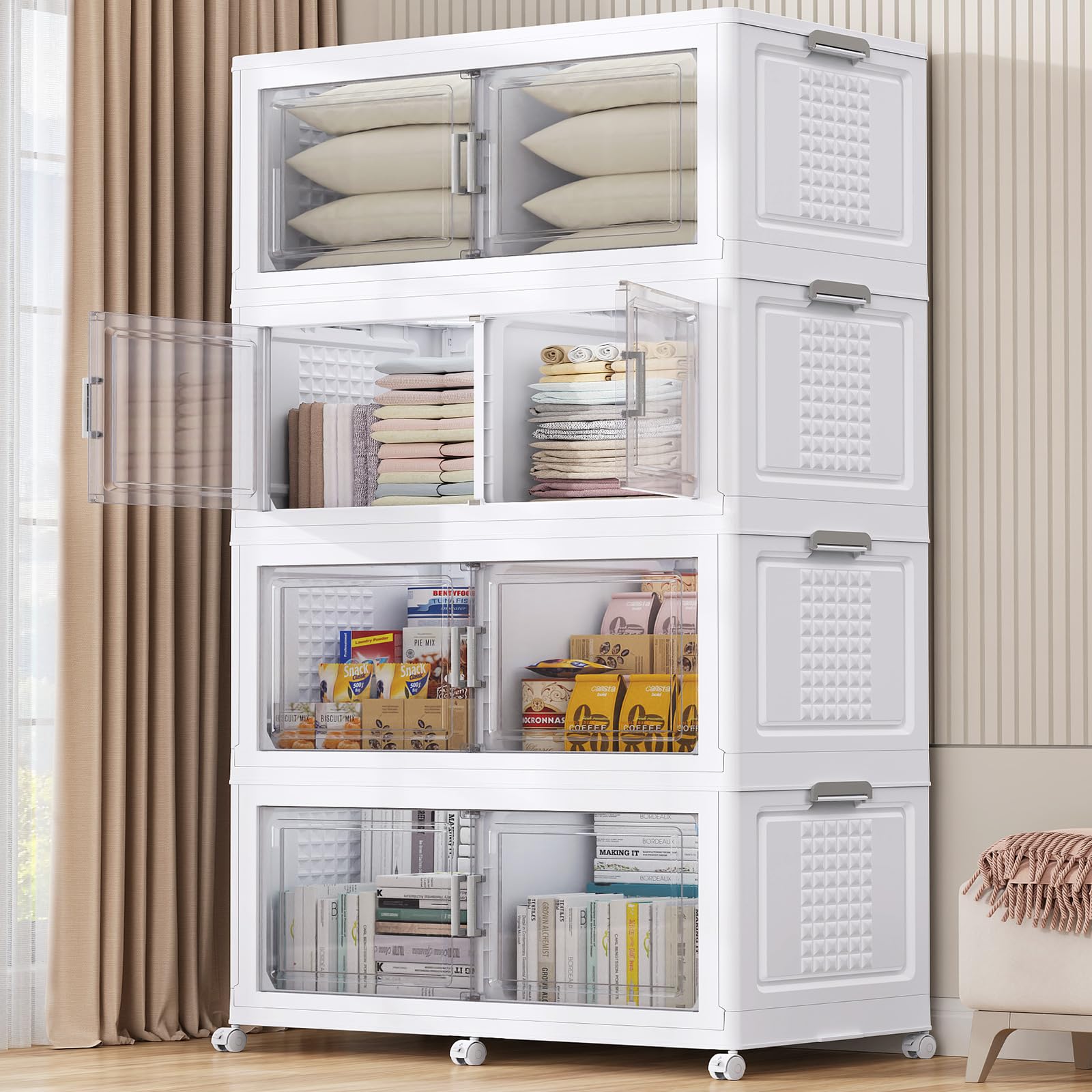 200Gal XL Stackable Storage Bins Foldable Box Cabinet for Home 4Pack White (4 Count)