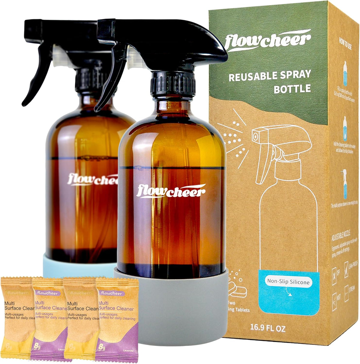 Multi-Surface Cleaner Kits-2 Pack Reusable Spray Bottles & 4 Pack All Purpose Cleaner Refills Tablet, 4 x 16.9 Fl oz Bottles of Spray Cleaner Lemon and Lavender Scent