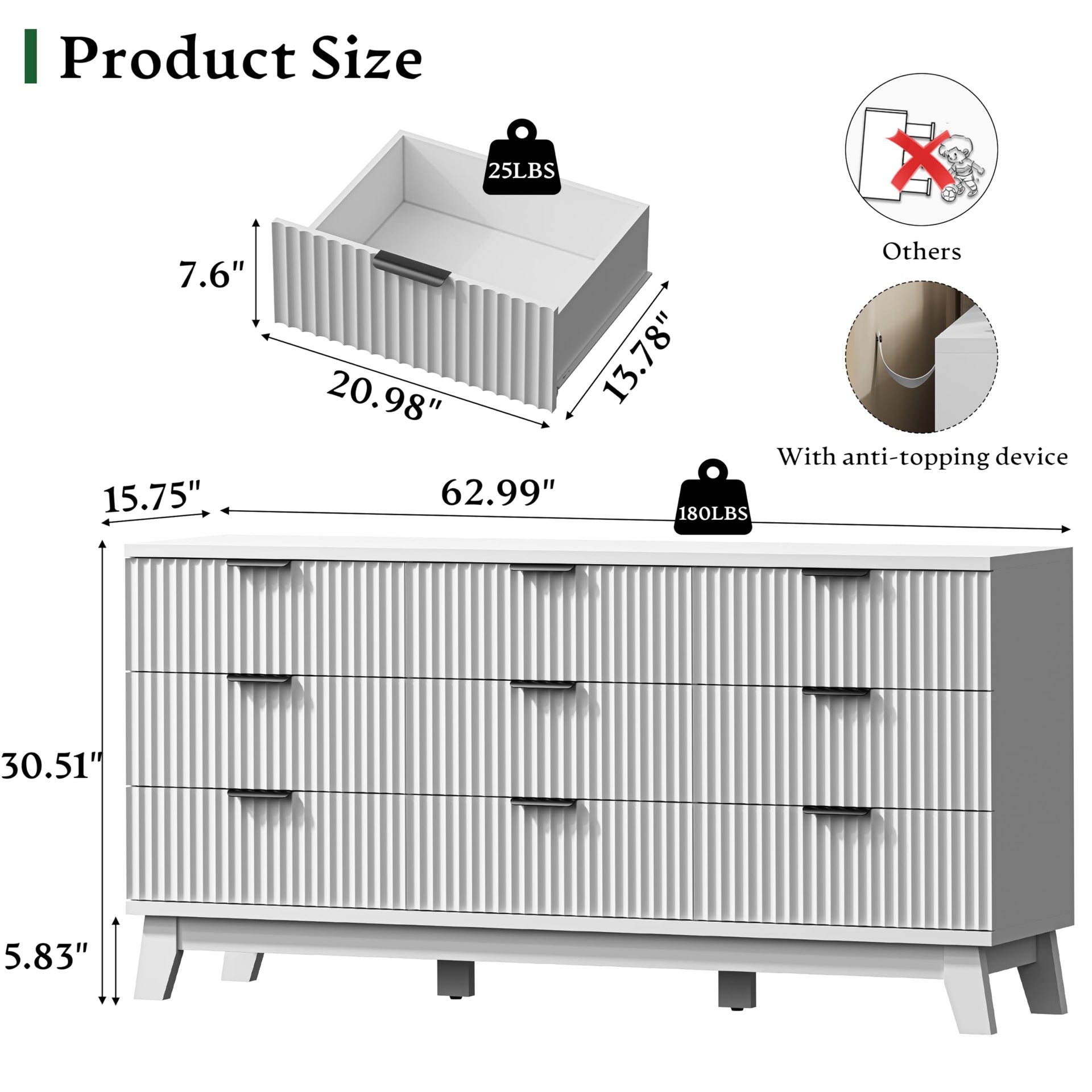 Fluted Dresser with 9 Drawers
