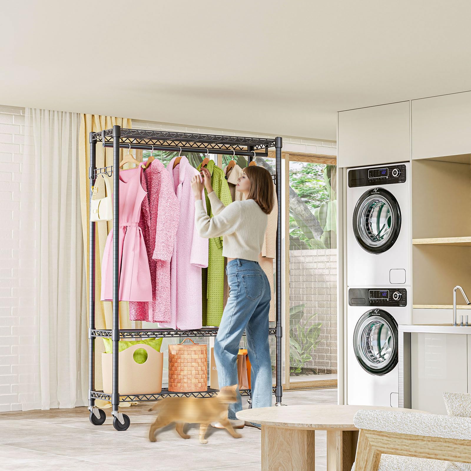 Heavy Duty Rolling Garment Rack 3 Tiers Adjustable Wire Shelving Clothes Rack with 1 Rods and Side Hooks