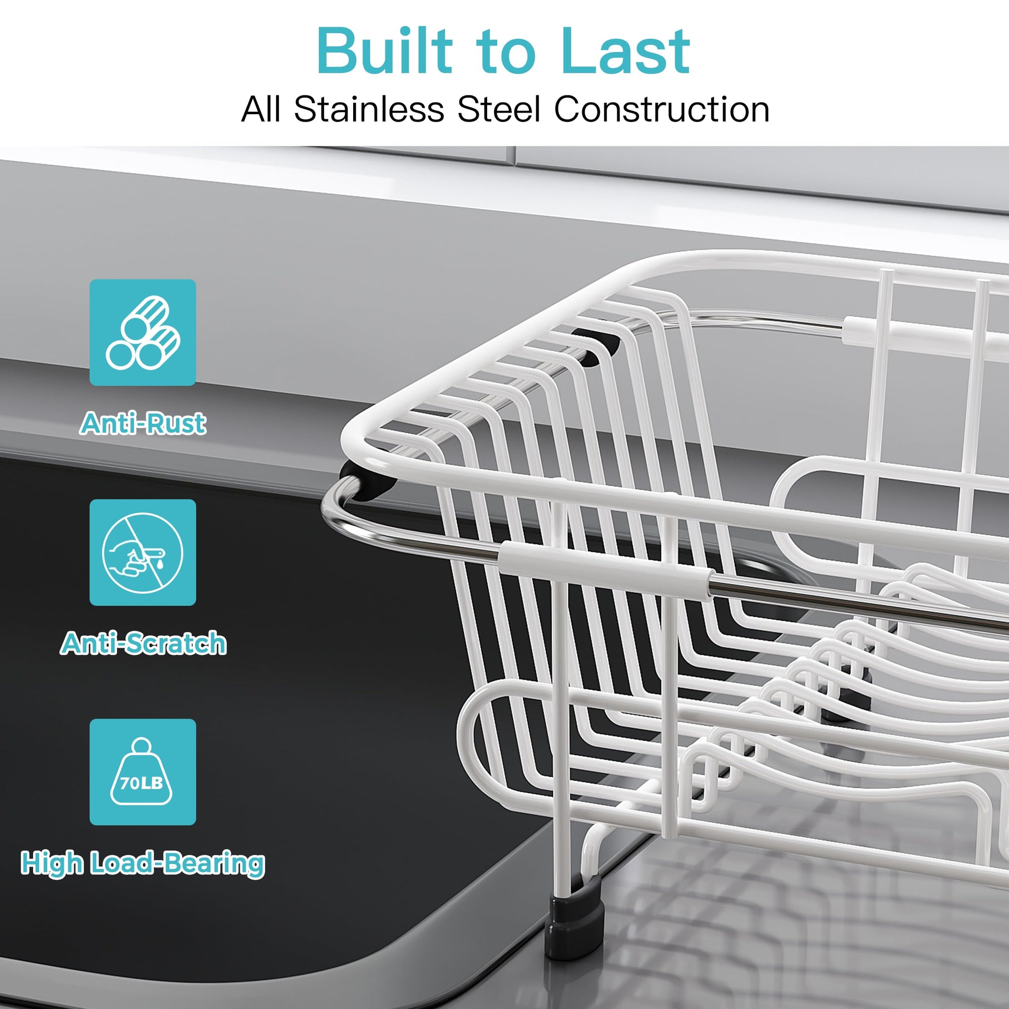 White Dish Drying Rack in Sink with Utensil Holder